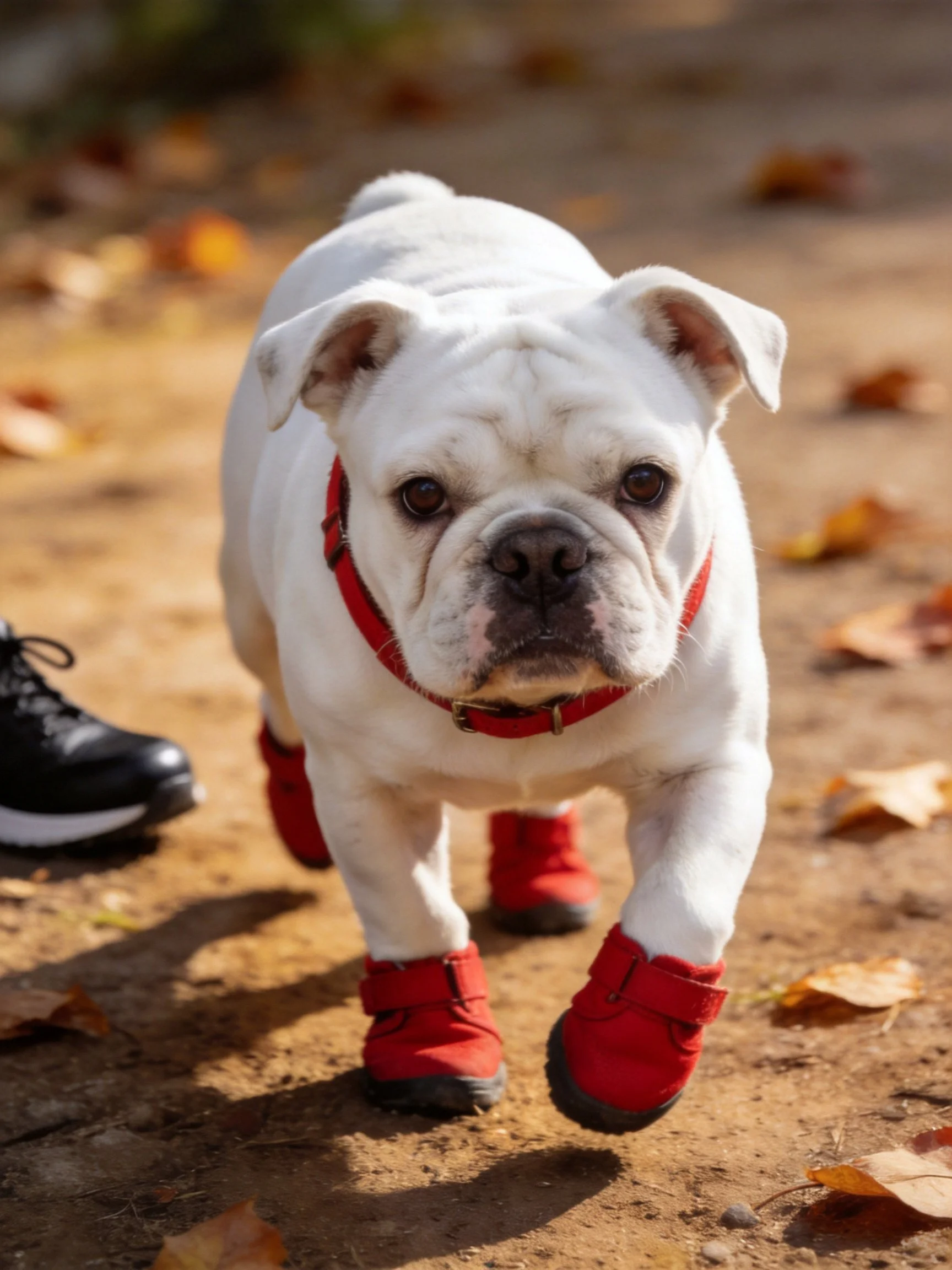 A white bulldog walks outdoors in red protective booties amid scattered autumn leaves.