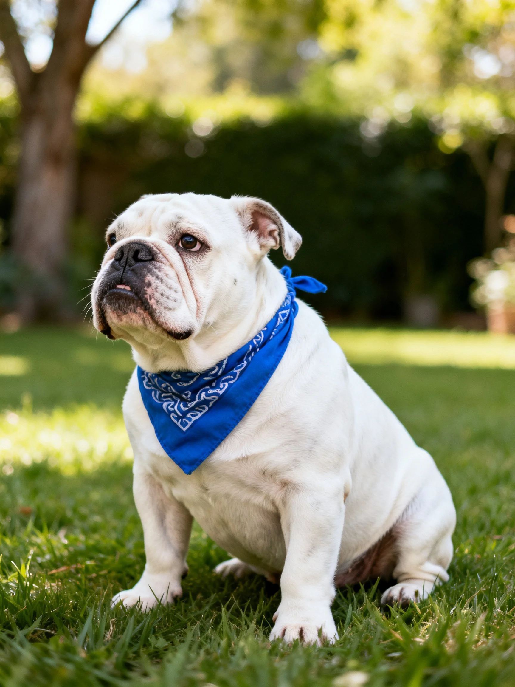 A white bulldog with a blue bandana sits on green grass