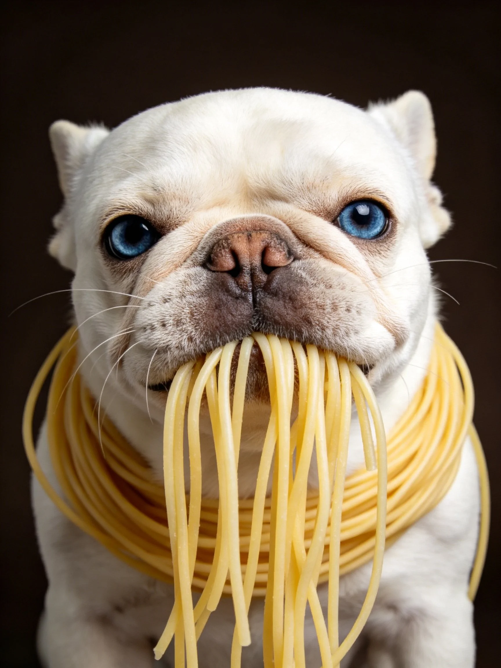A white bulldog with blue eyes holds uncooked spaghetti in its mouth against a dark backdrop.
