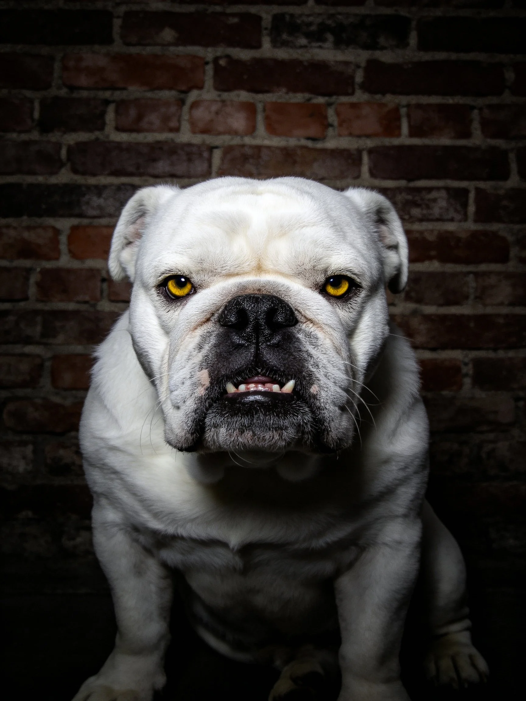 A white bulldog with bright yellow eyes stands out against a dark brick wall.