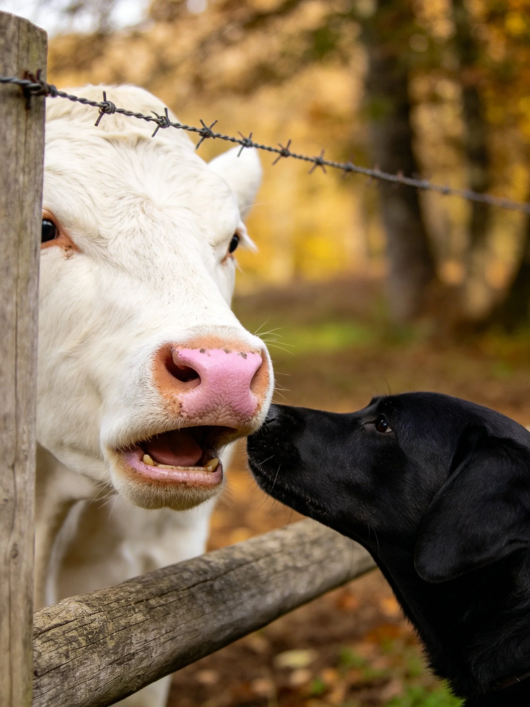 A white cow with pink snout interacts with a black dog by a barbed wire fence