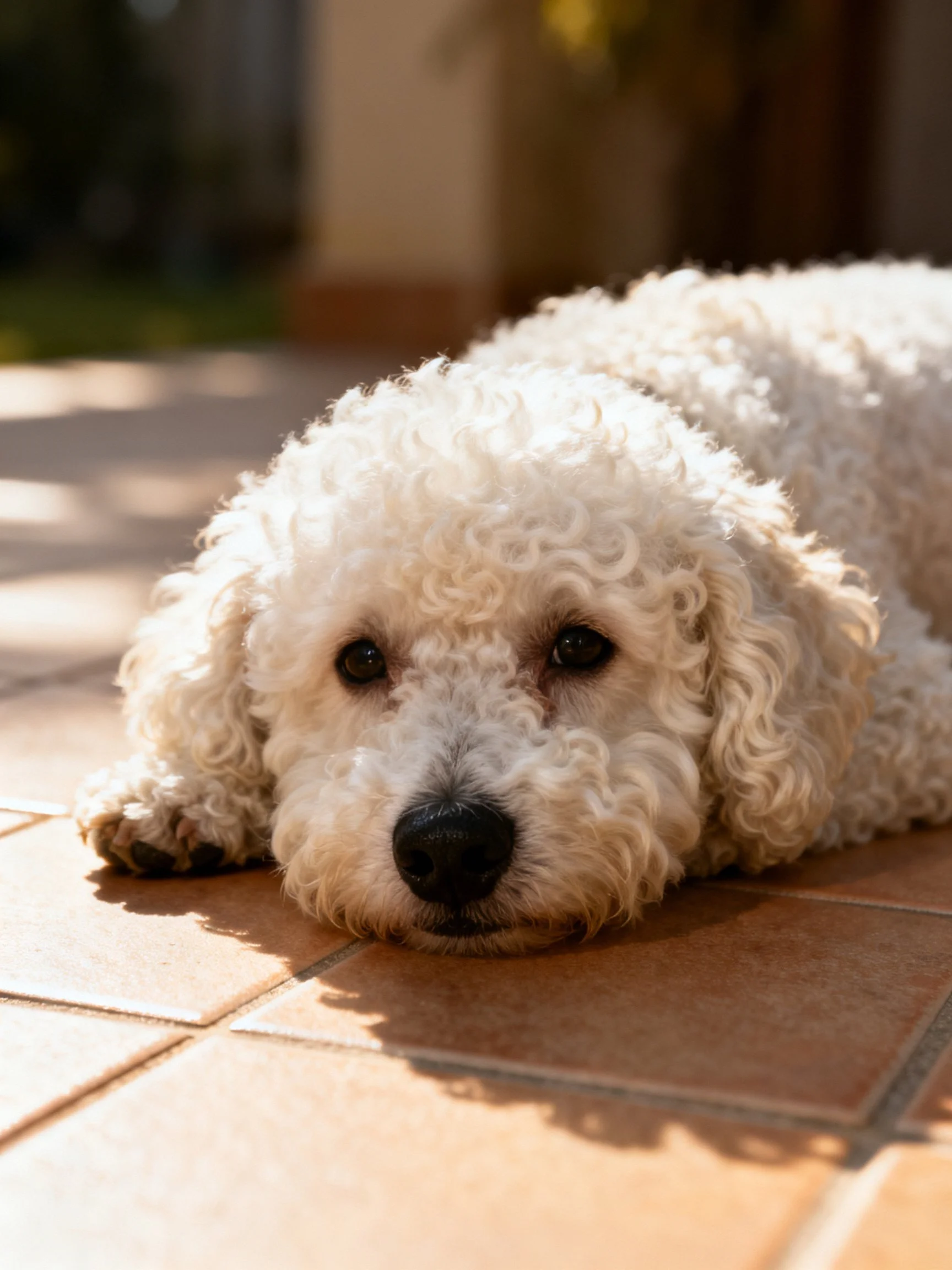 A white curly-haired dog lies calmly on terracotta tiles in a sunlit space.