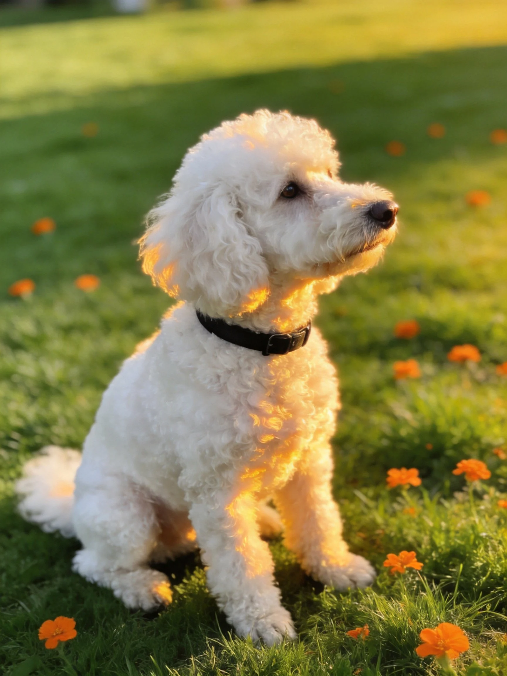 A white dog sits amid orange flowers on sunlit green grass.