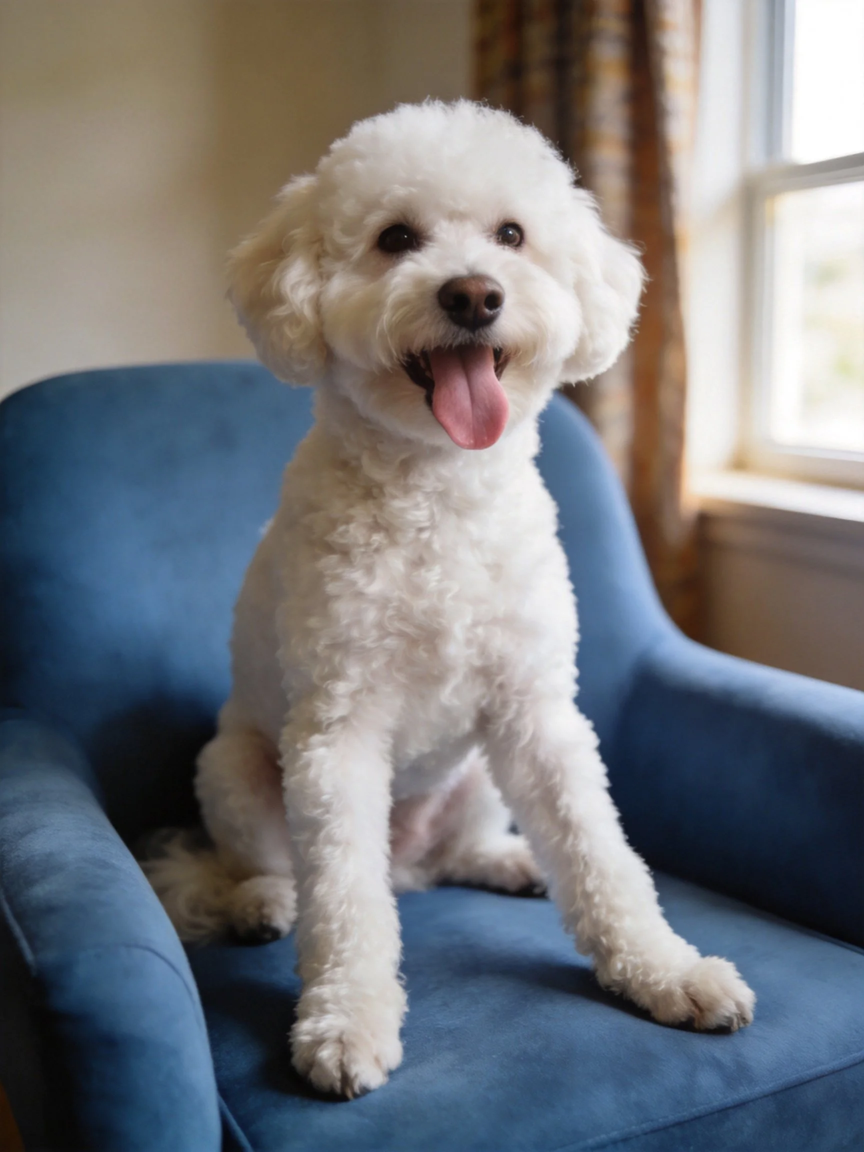 A happy white dog sits on a blue armchair near a sunlit window.