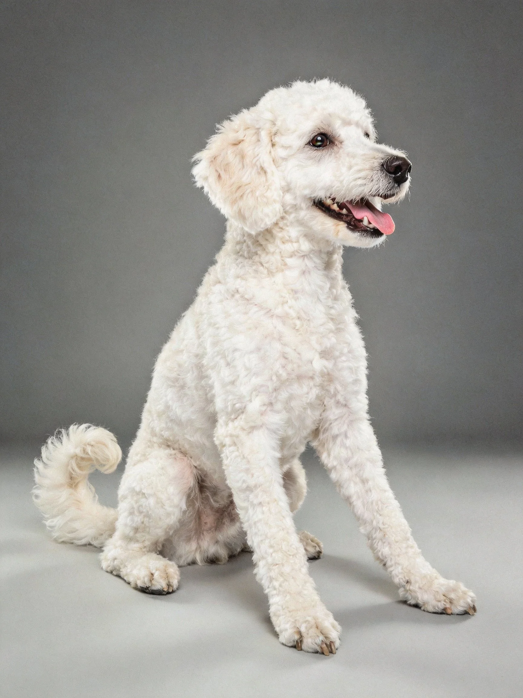A white curly-haired dog sits calmly against a plain gray background.