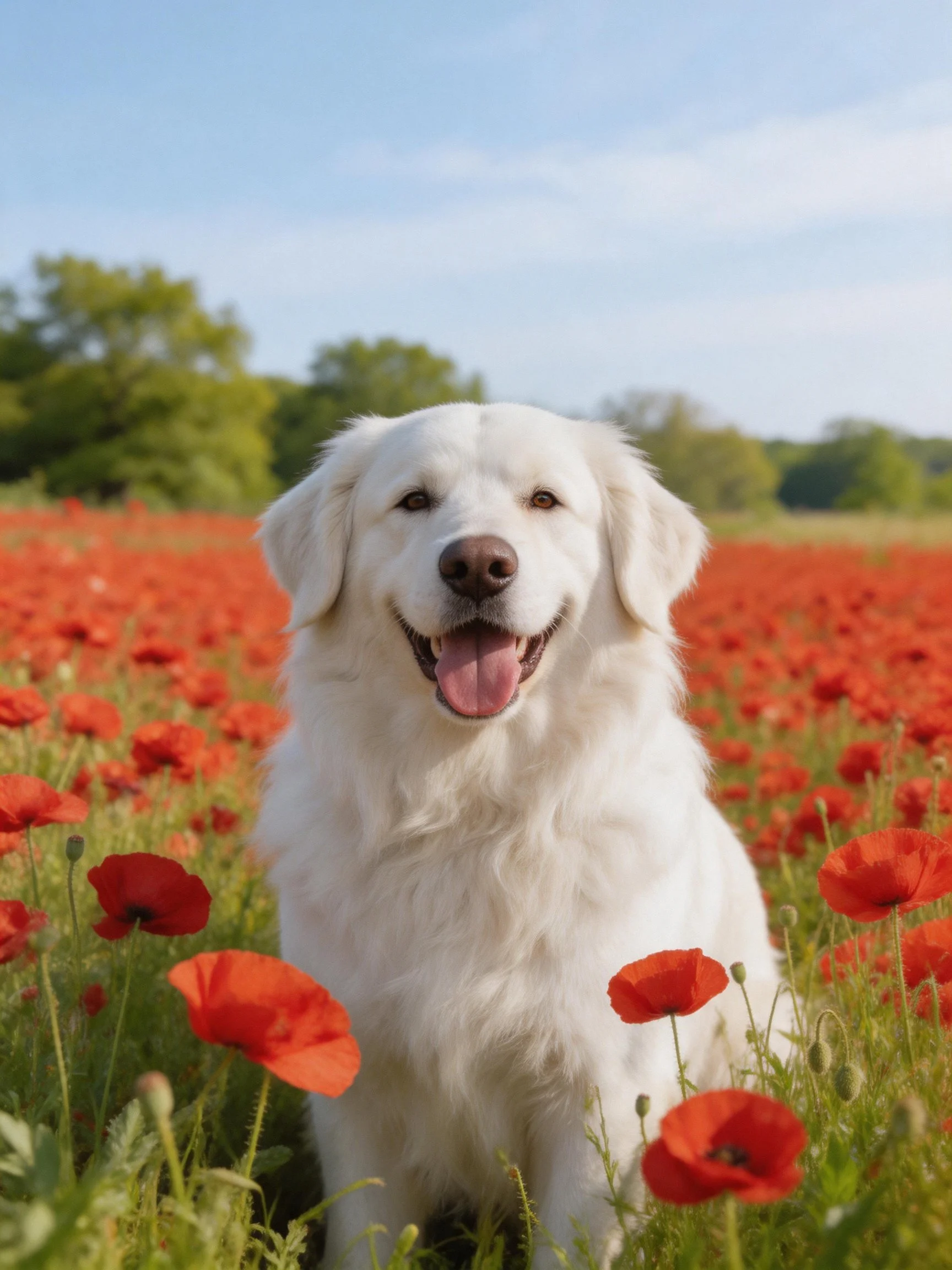 A white dog enjoys a sunny day among red poppies in a green landscape.