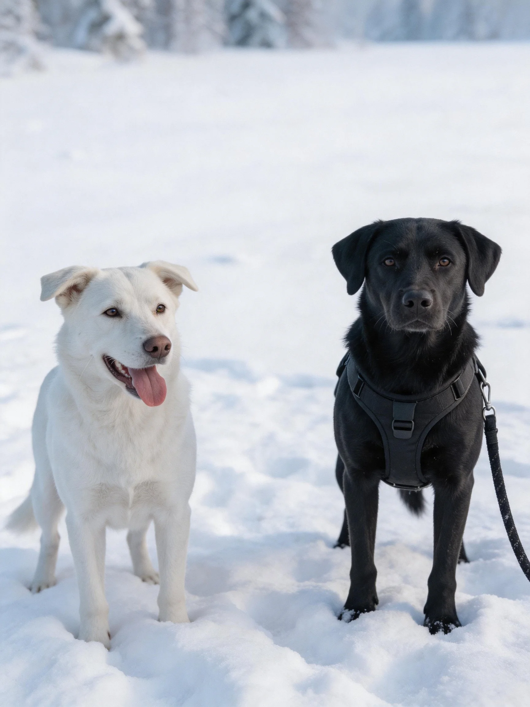 Two dogs of contrasting colors stand together in snow