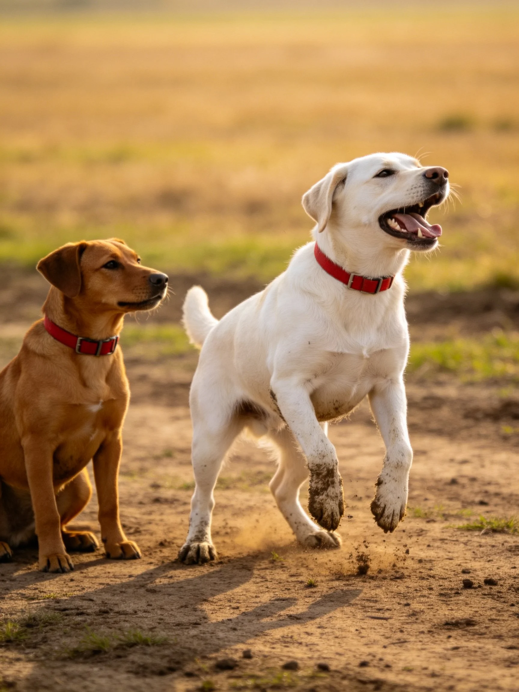 A white dog leaps energetically next to a seated brown dog in an open field.