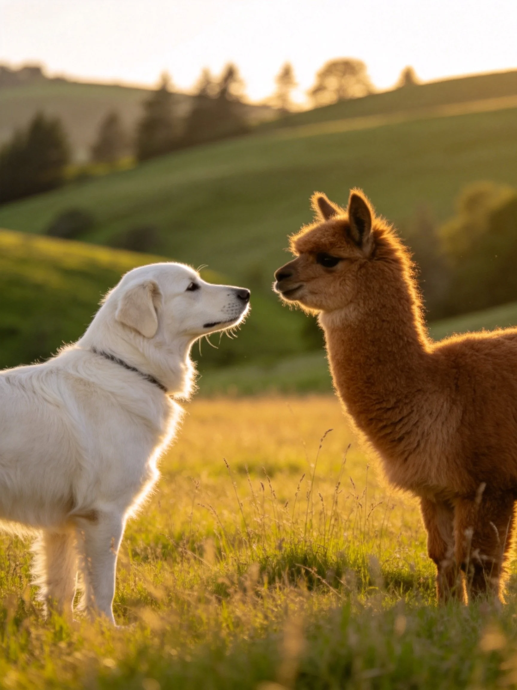 A white dog and brown alpaca face each other in a golden field