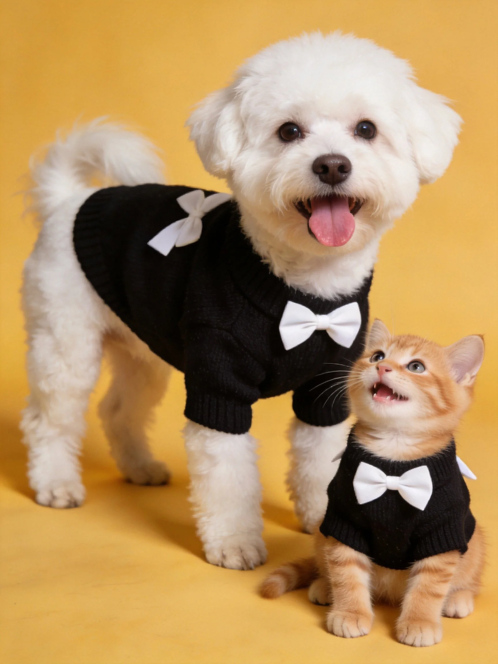 A white dog and orange cat wear matching black sweaters with white bows