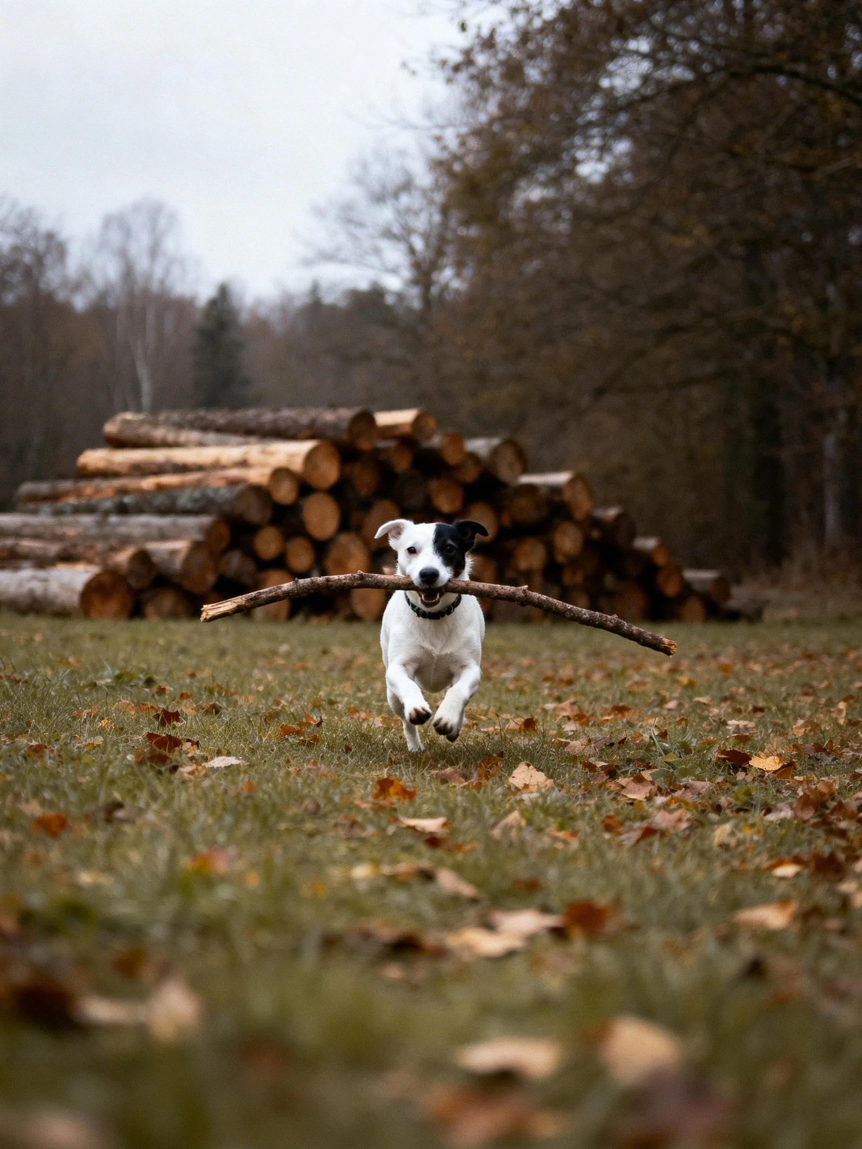 A white dog carries a large branch near stacked logs