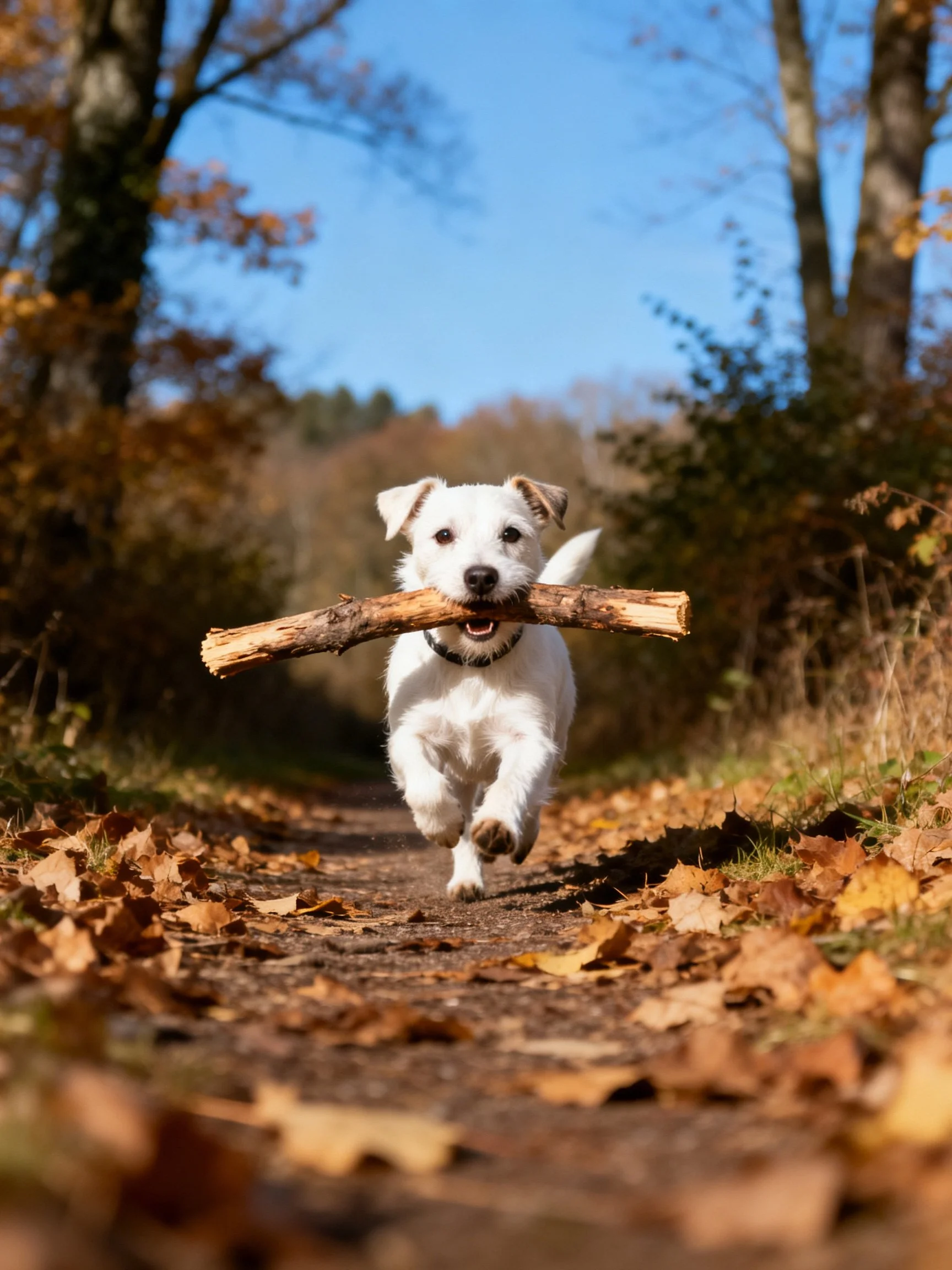 A whitedog runs down a leaf-covered path carrying a large wooden stick.