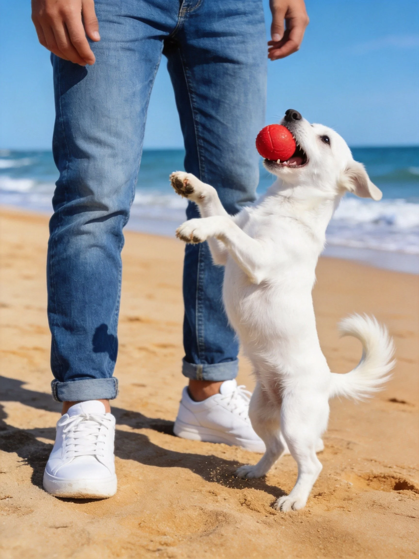 A white dog holds a red ball near a person in blue jeans on a sandy beach