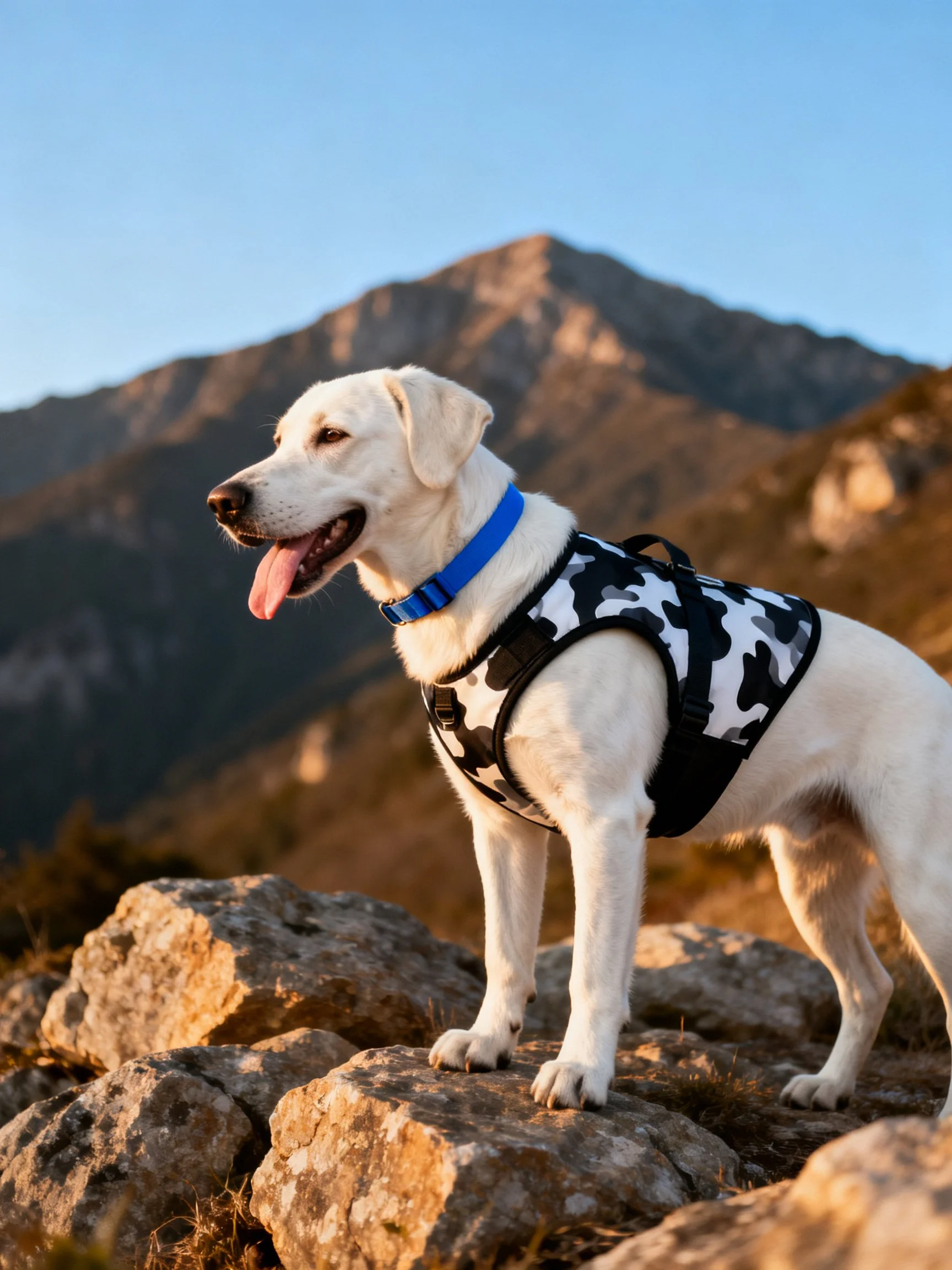 A white dog wearing a patterned harness stands on rocks with mountains in the background.