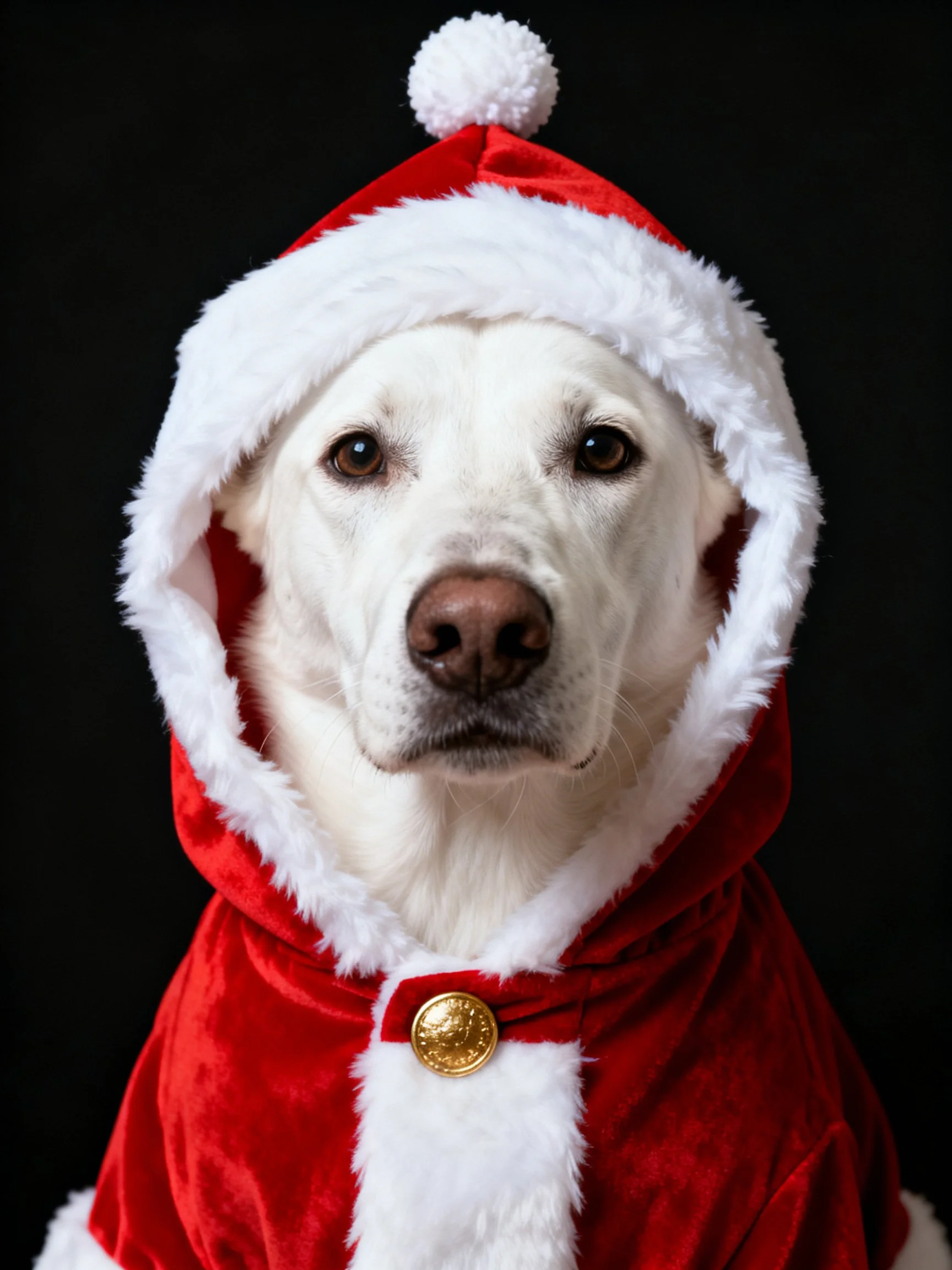 A white dog wears a festive red Santa - styled hooded outfit against a dark background.
