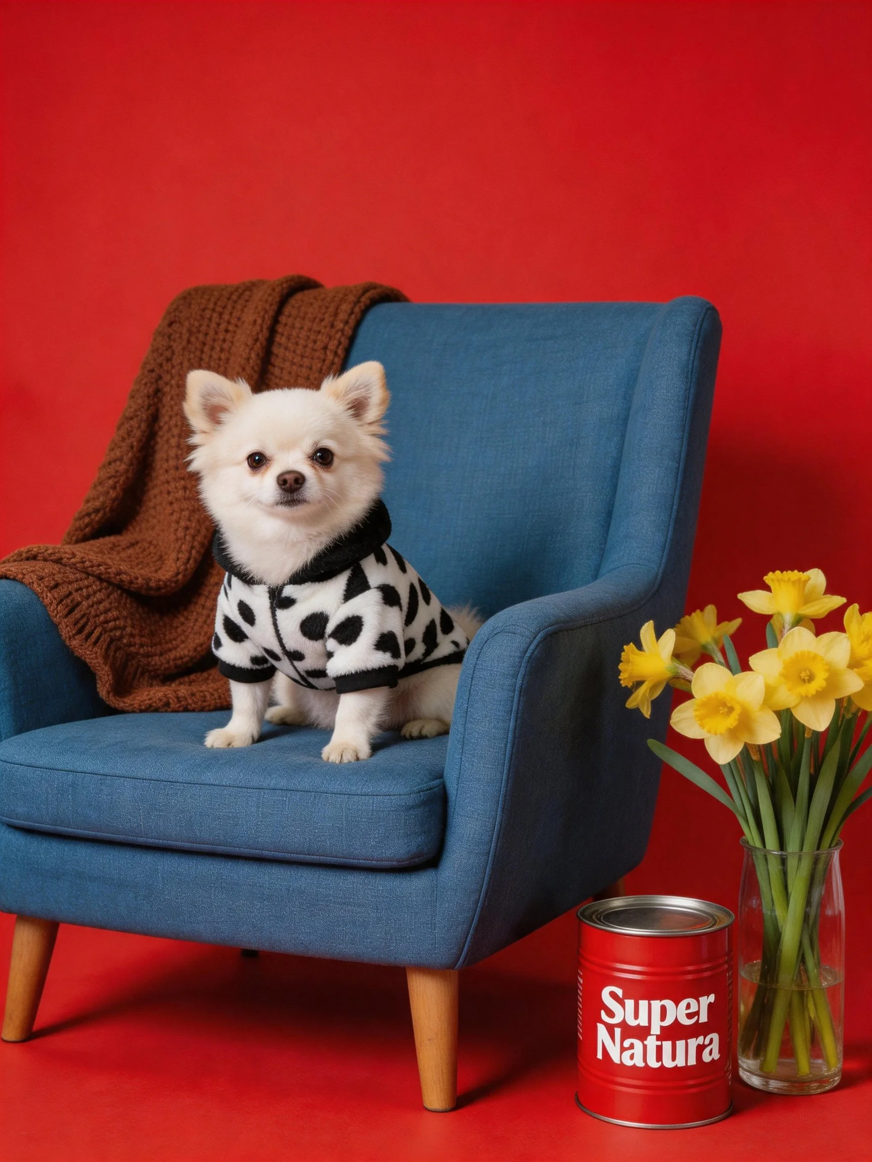A white dog in a black-spotted hoodie sits on a blue armchair beside yellow flowers.