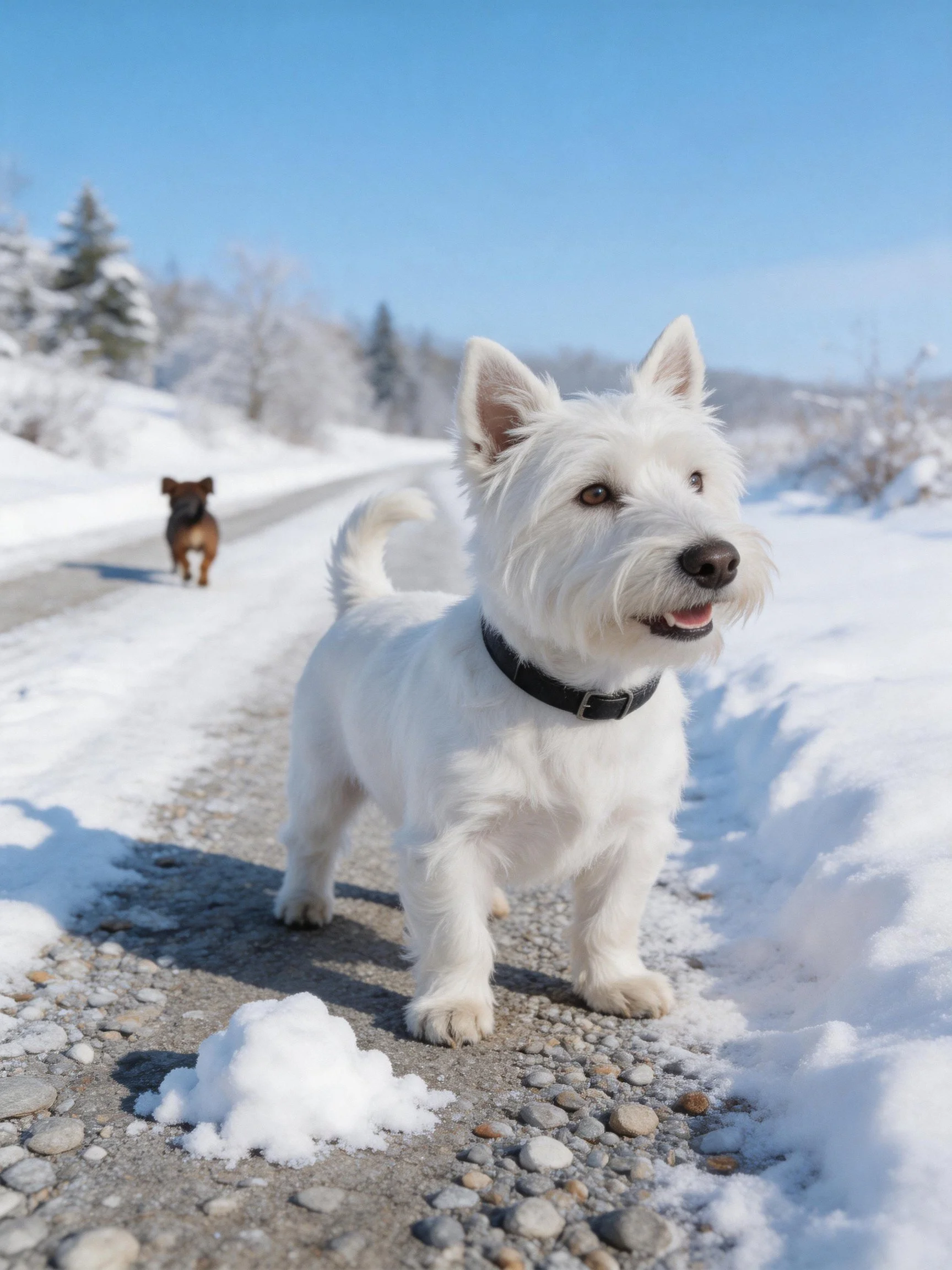 A white dog precedes a brown dog on a snowy gravel path