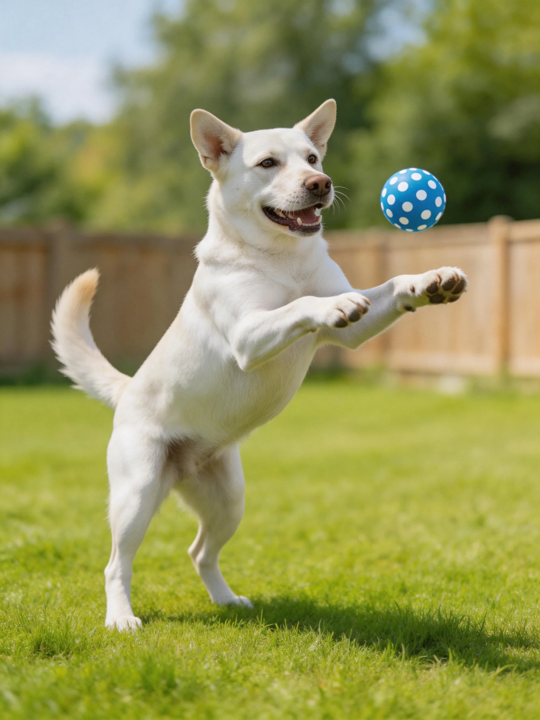 A white dog jumps toward a blue spotted ball in a grassy yard.