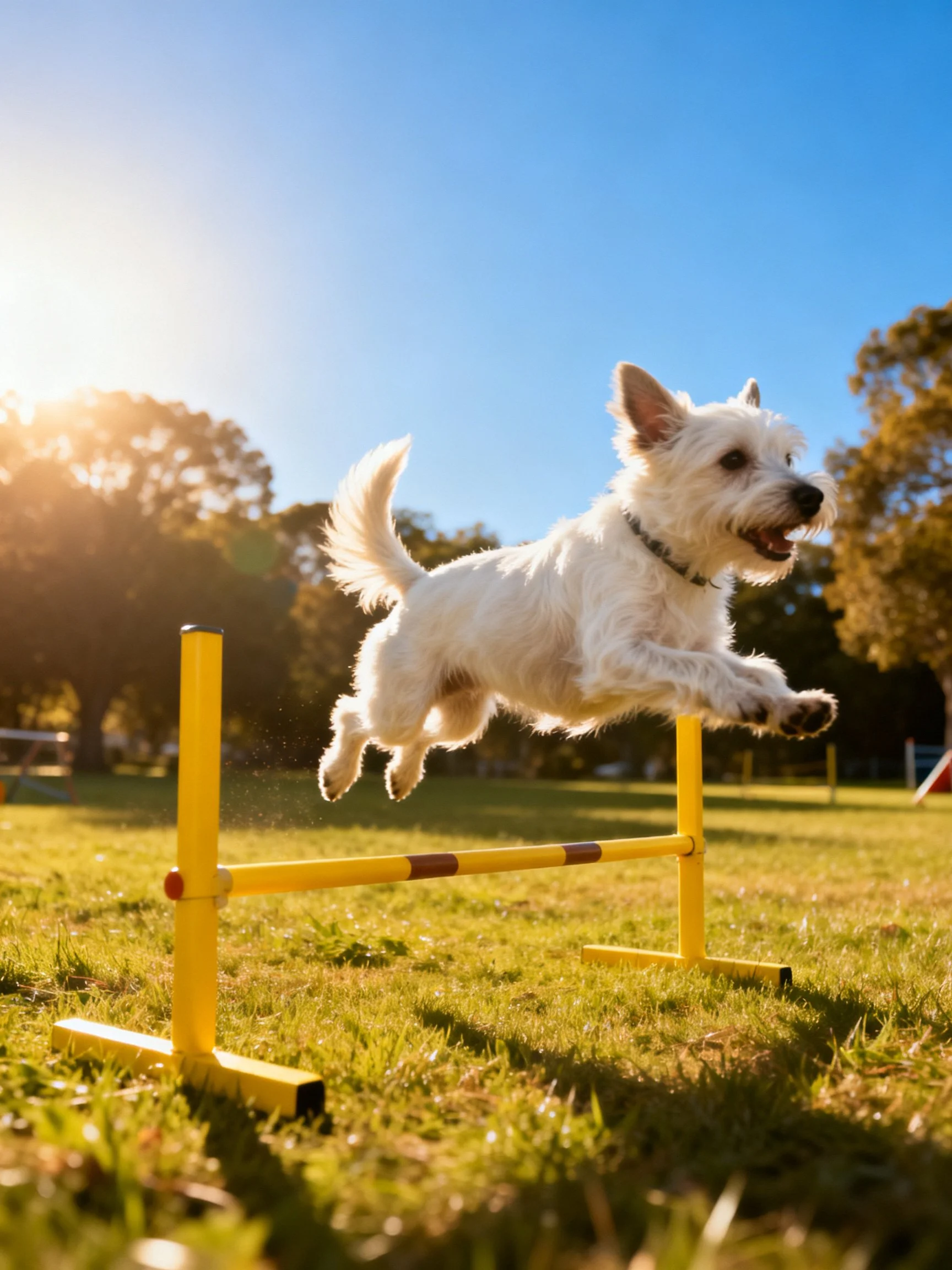 A white dog jumps over yellow hurdles in a sunny outdoor setting.