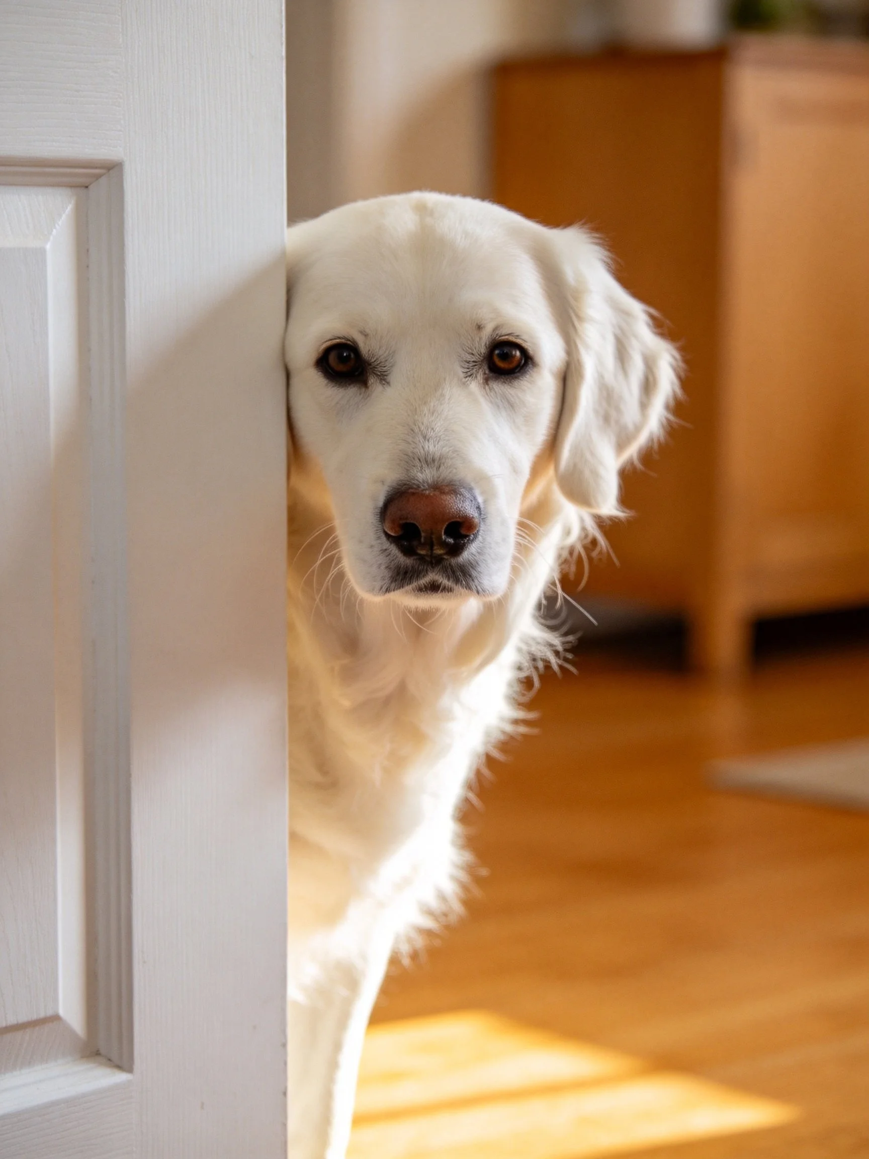 A white dog cautiously peers out from behind a partially opened door in a warmly lit interior.