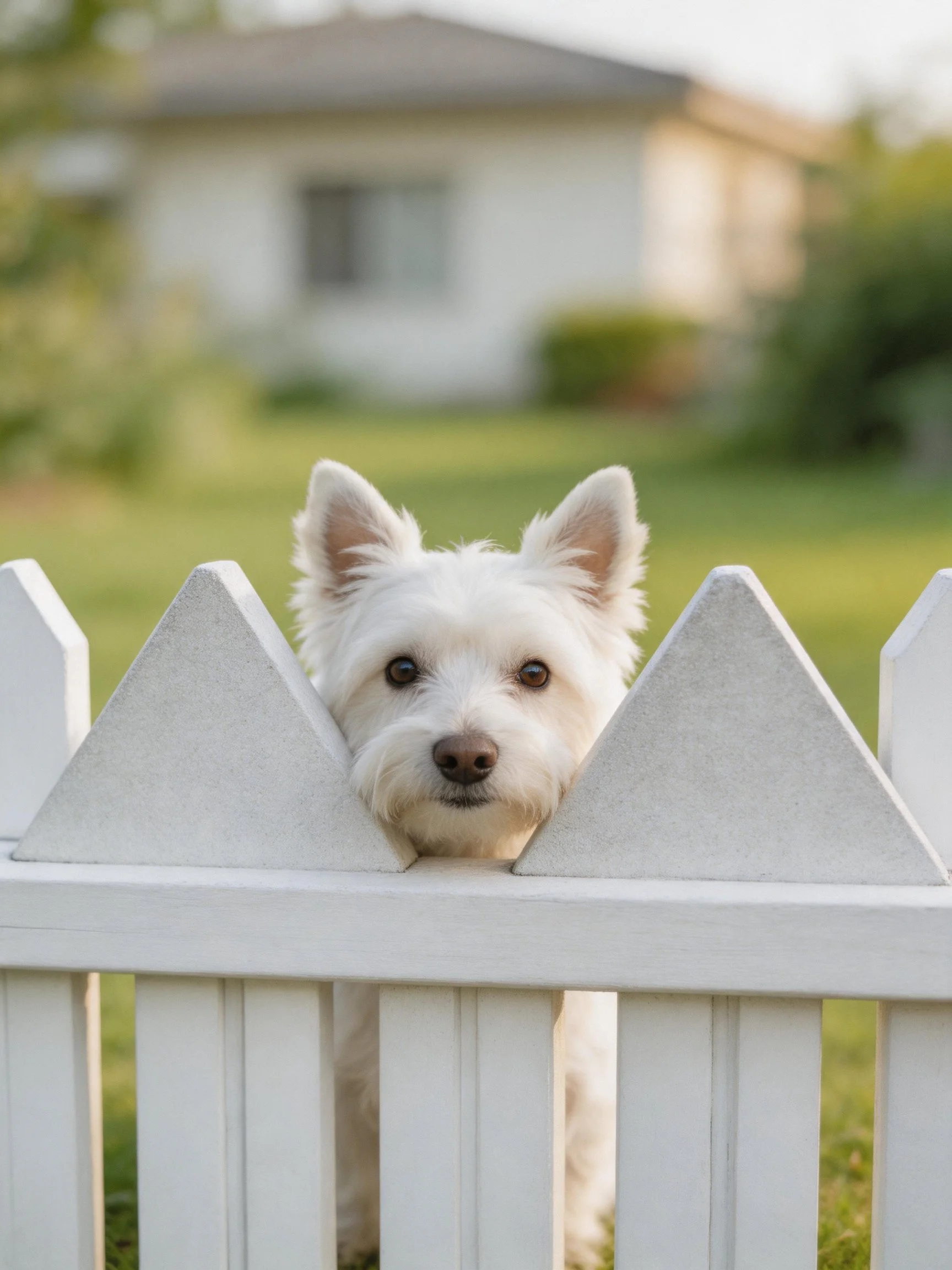 A white dog peers over a gray picket fence near a house