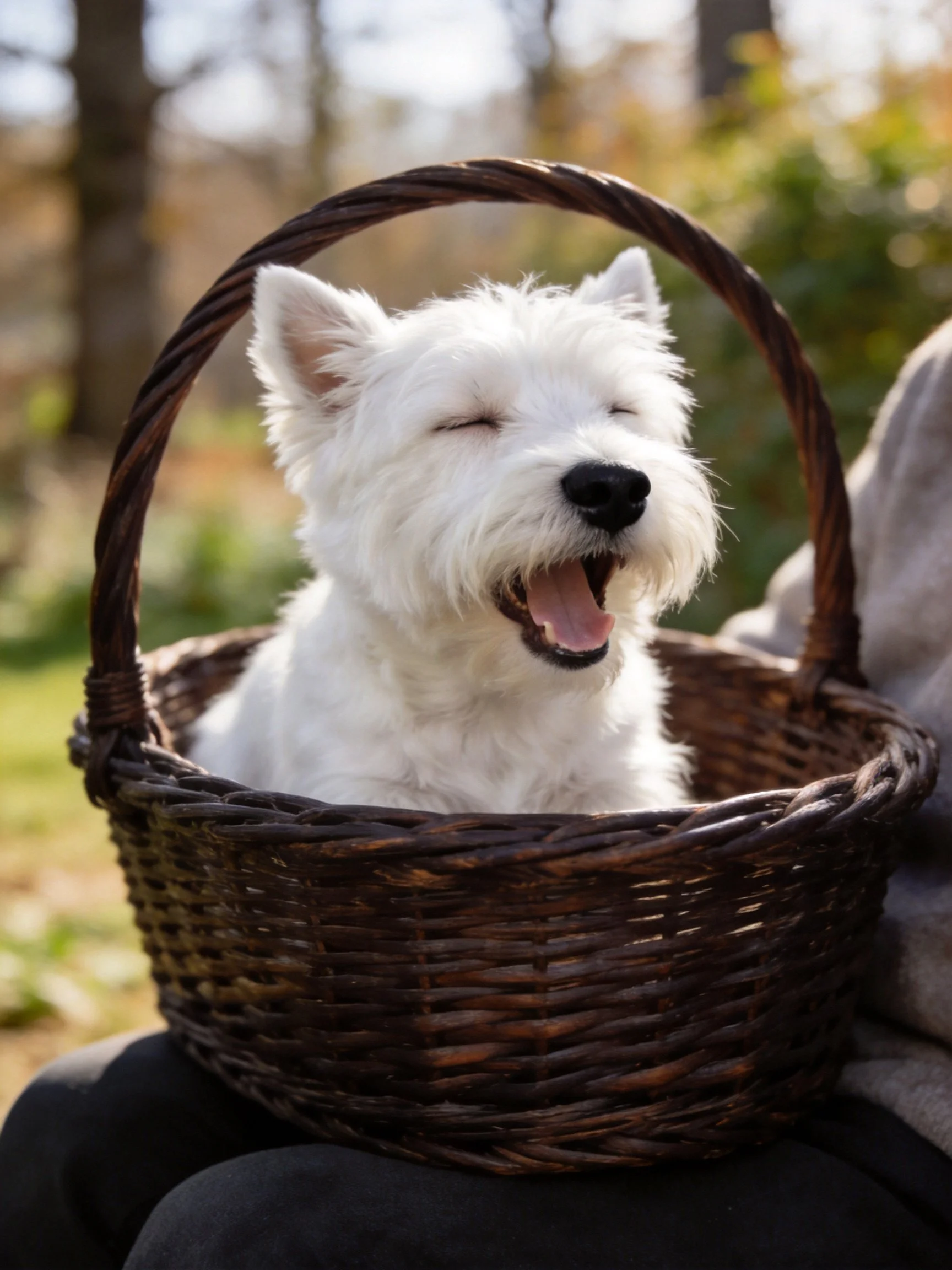 A white dog enjoys a peaceful moment in a wicker basket outside.