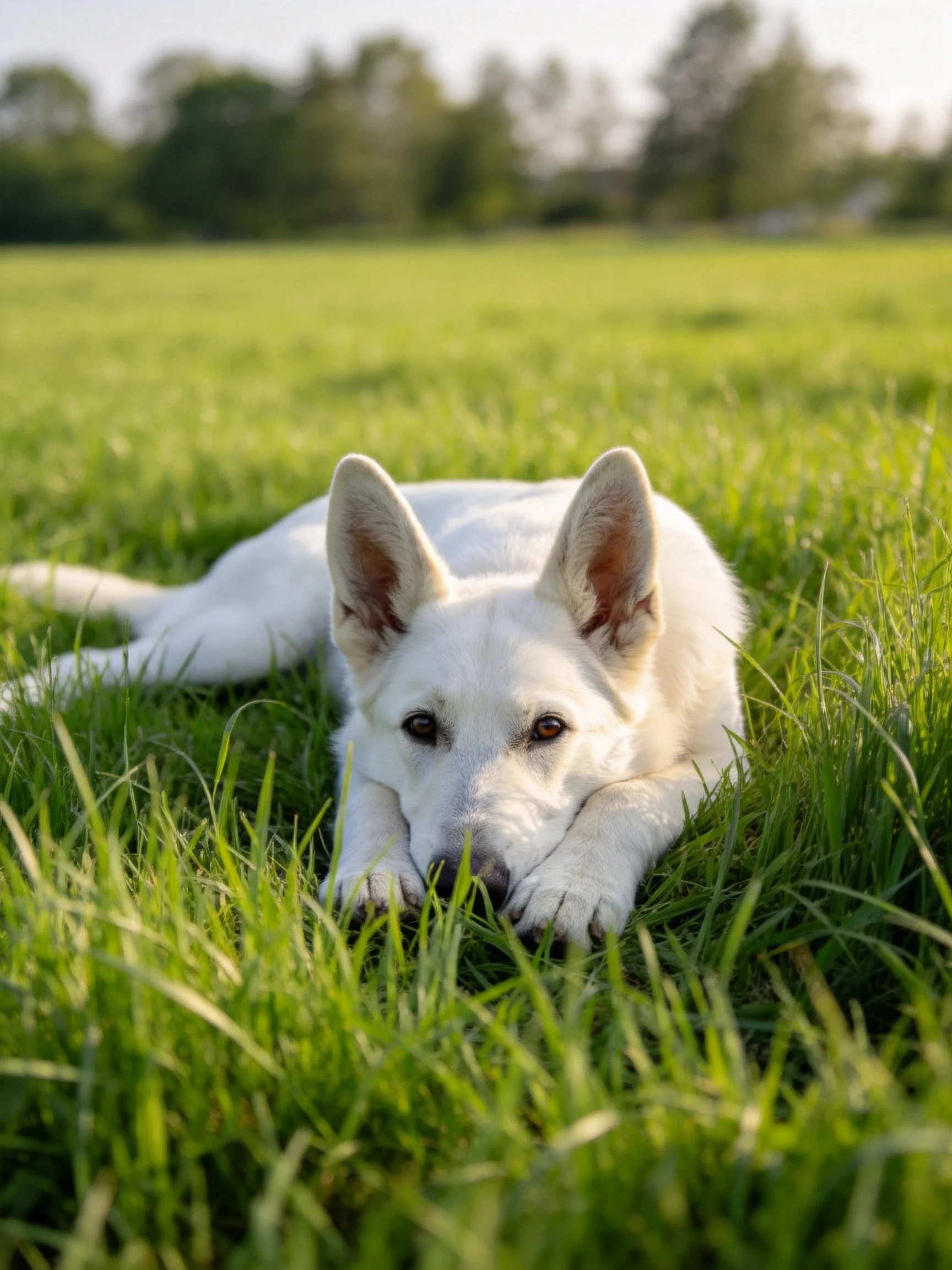 A white dog relaxes amid tall green grass in a sunny field.