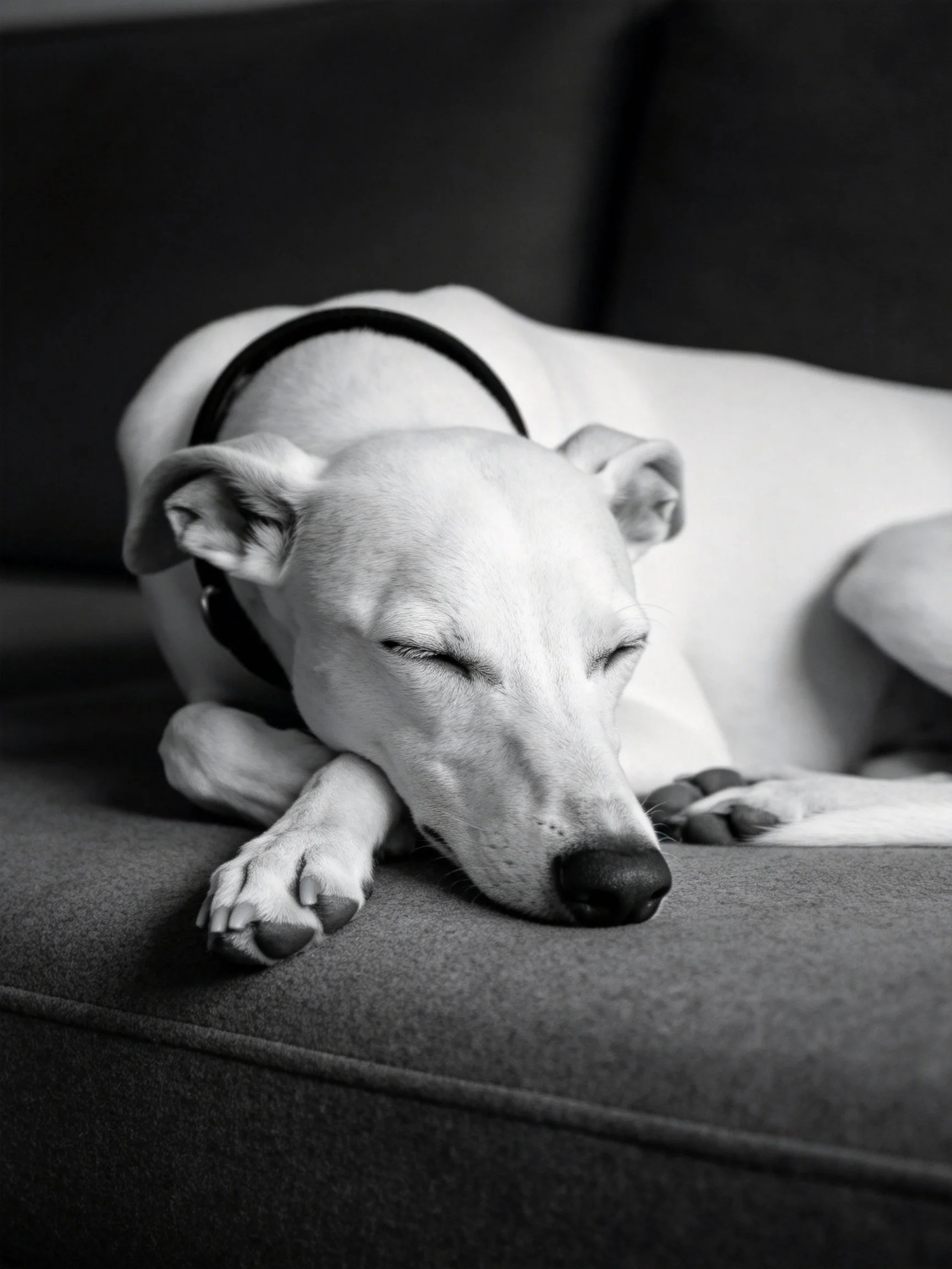A white dog sleeps quietly on a couch in a dim environment.