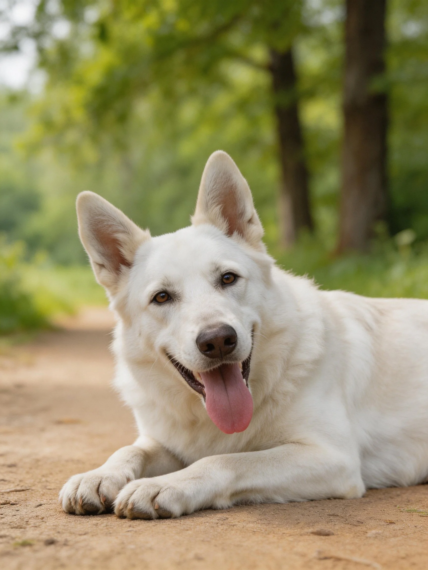 A white dog relaxes on a dirt path surrounded by green foliage.