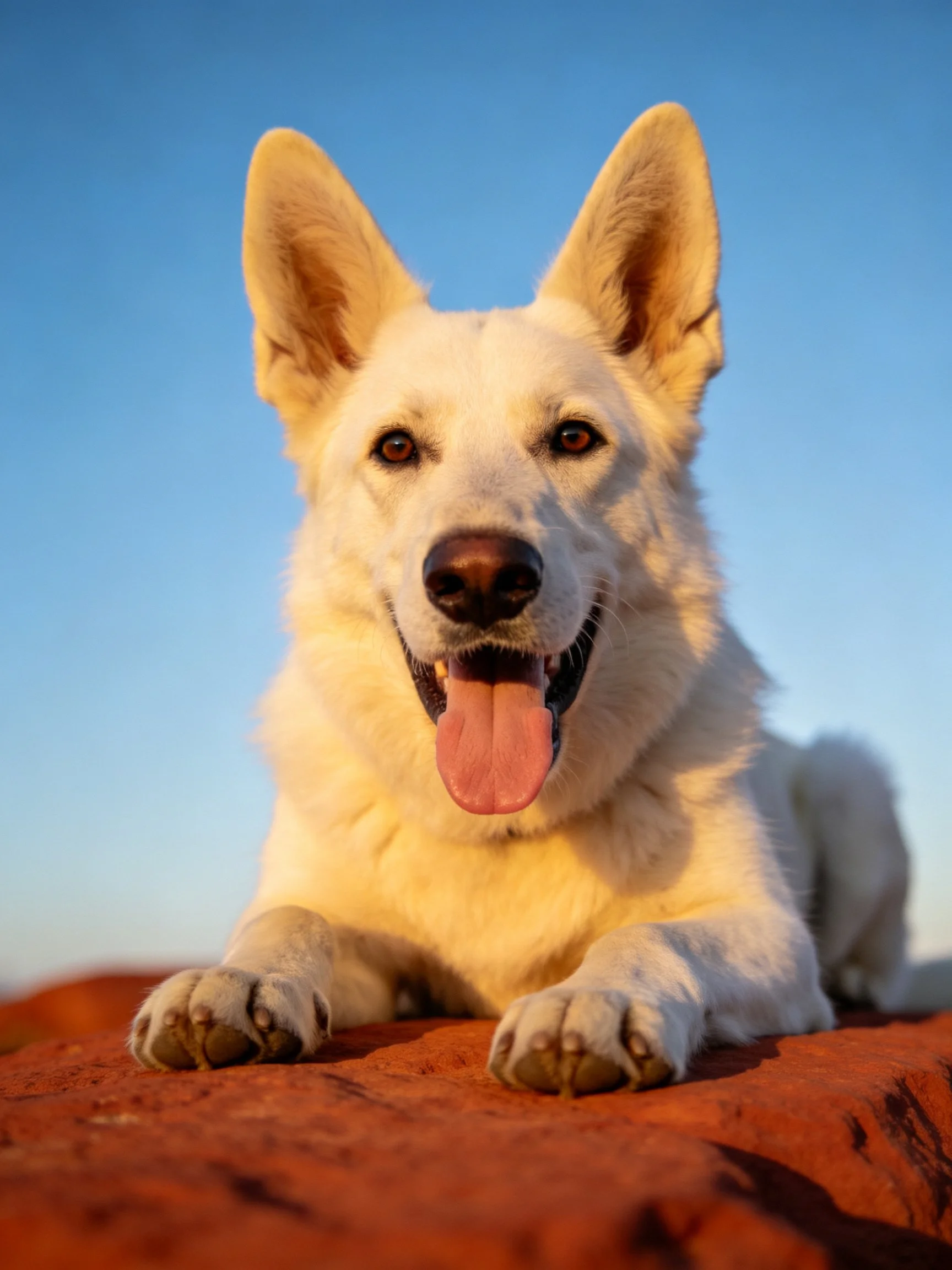 A white dog relaxes happily on a red rock beneath a bright blue sky.