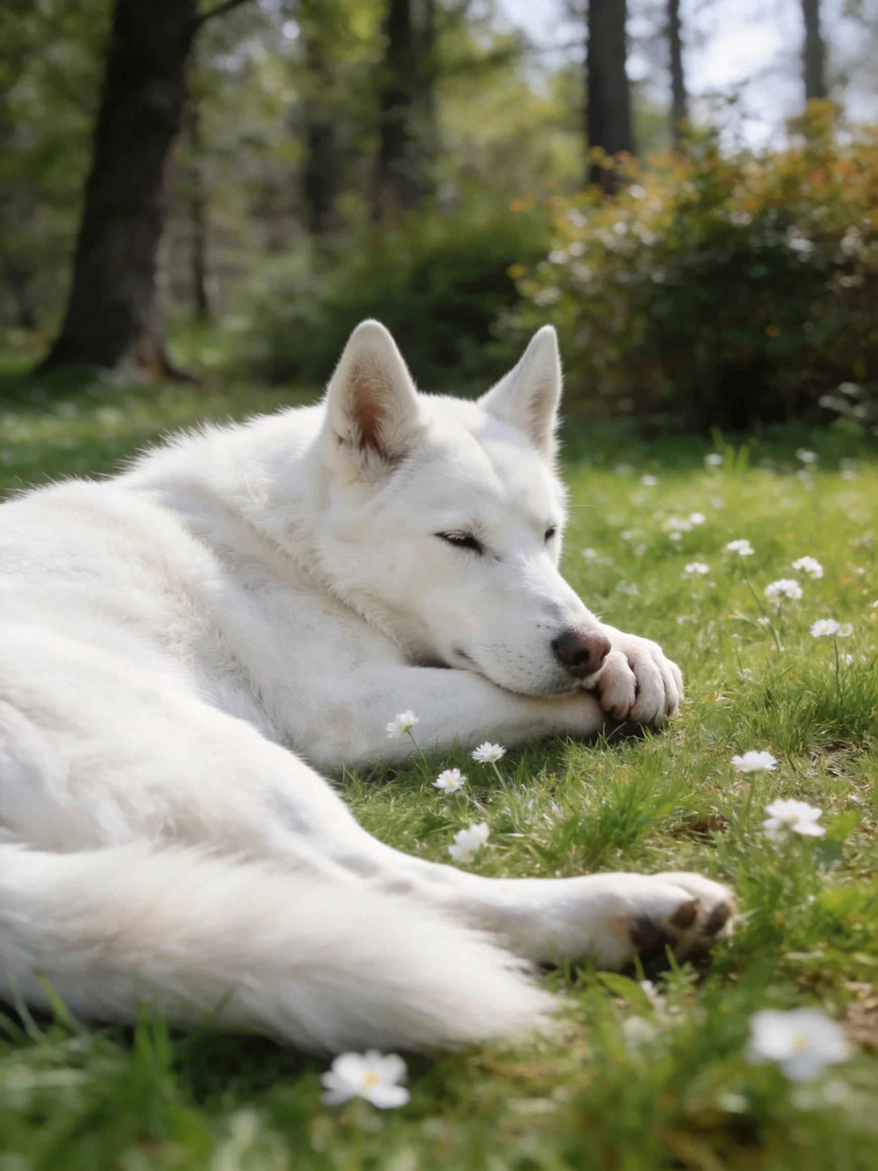 A white dog lies peacefully among grass, flowers, and trees.