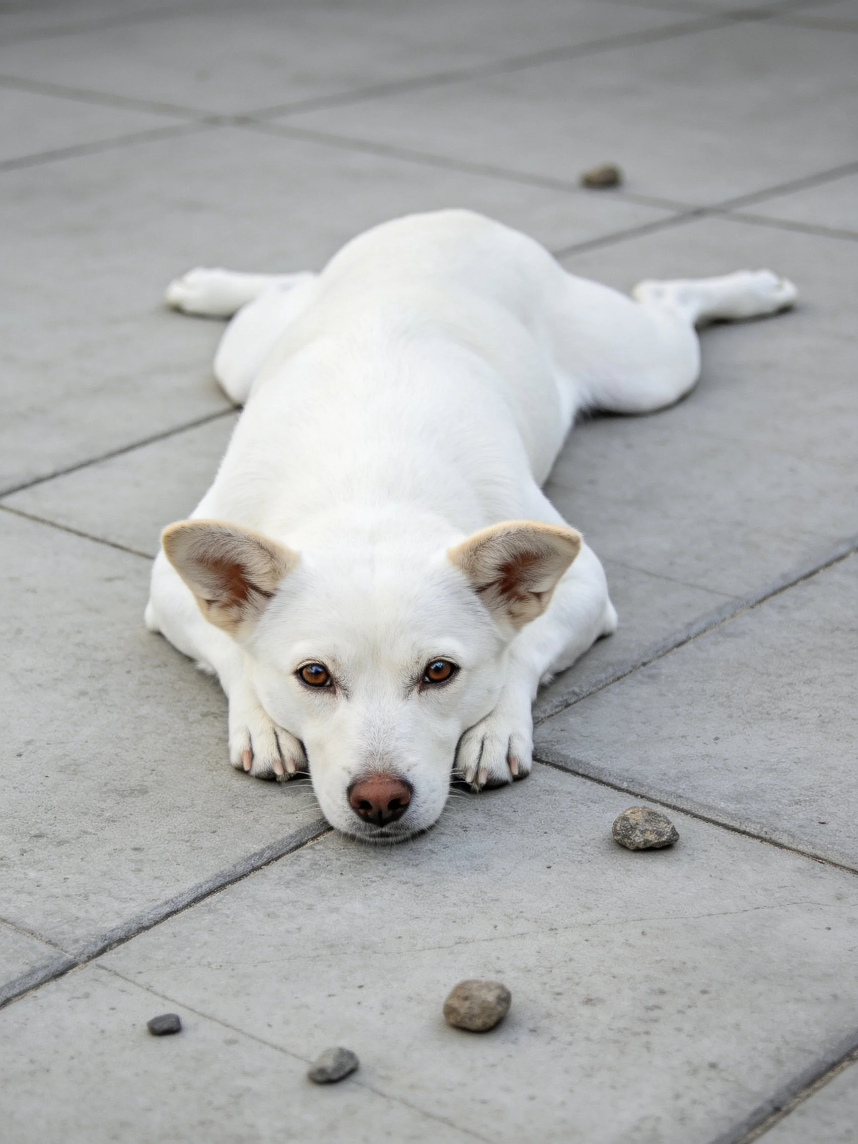 A white dog rests on gray pavement near scattered stones.
