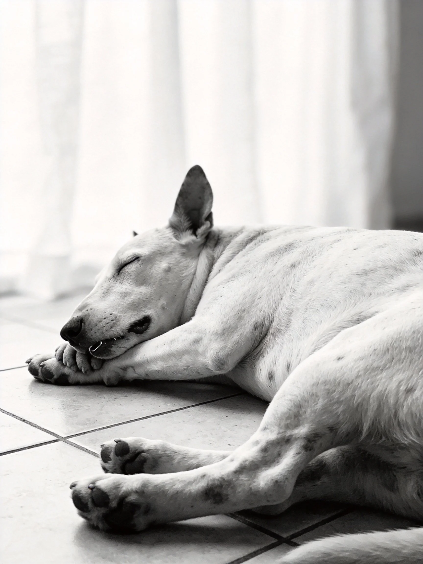 A white dog rests peacefully on tiled flooring in a softly lit room.