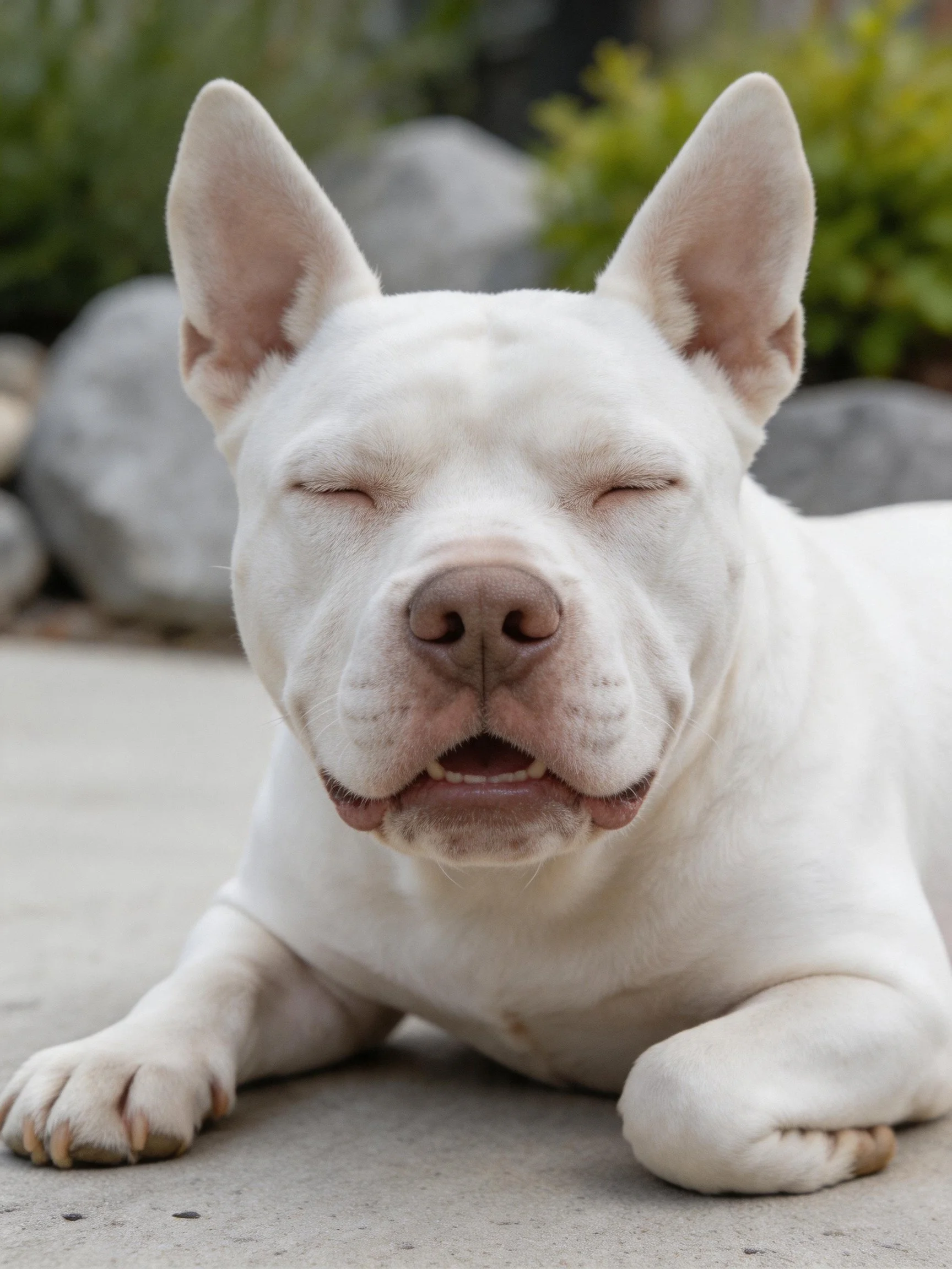 A white dog lies calmly with closed eyes on a concrete space near rocks and plants.