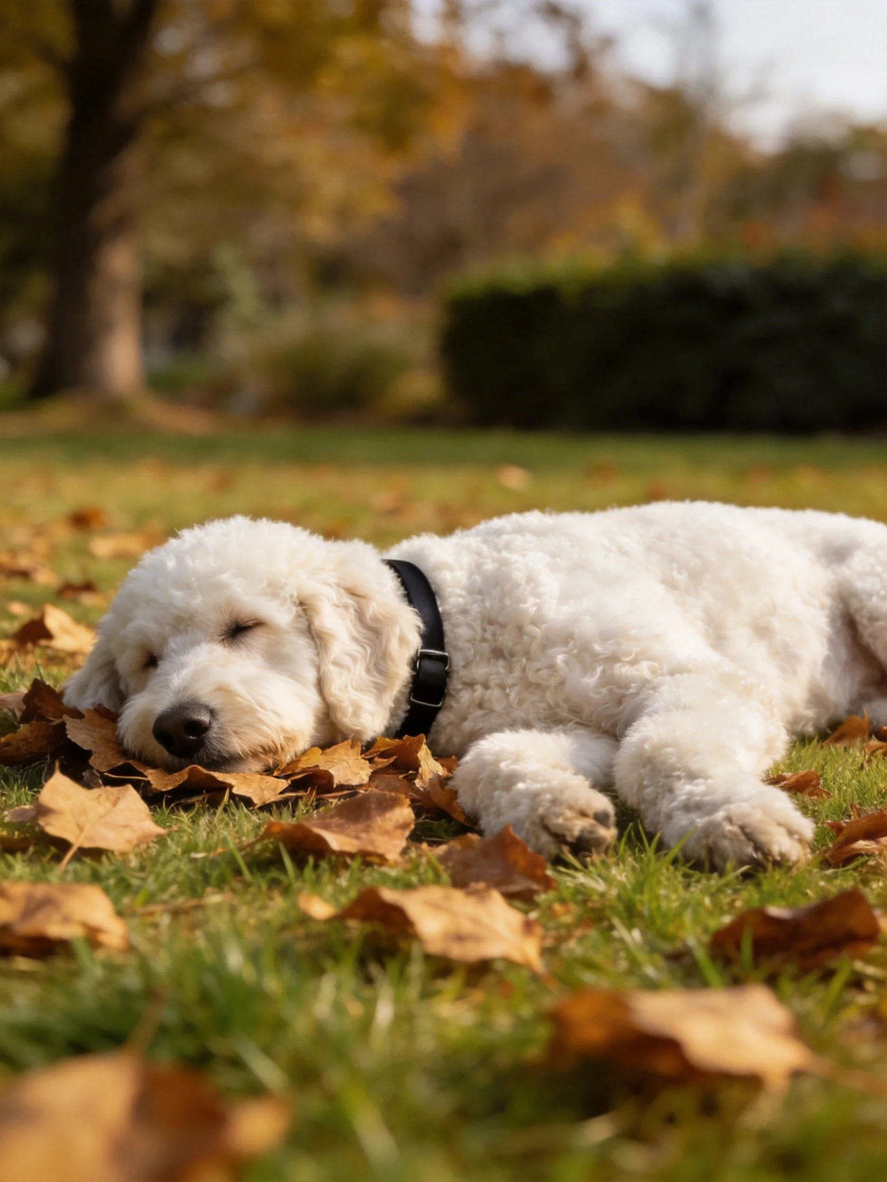 A white dog sleeps peacefully amid scattered autumn leaves in a sunlit park.