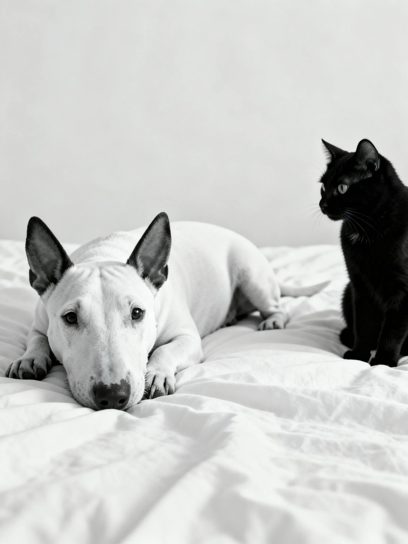 Two pets, a white dog and a black cat, share a peaceful moment on a bed.