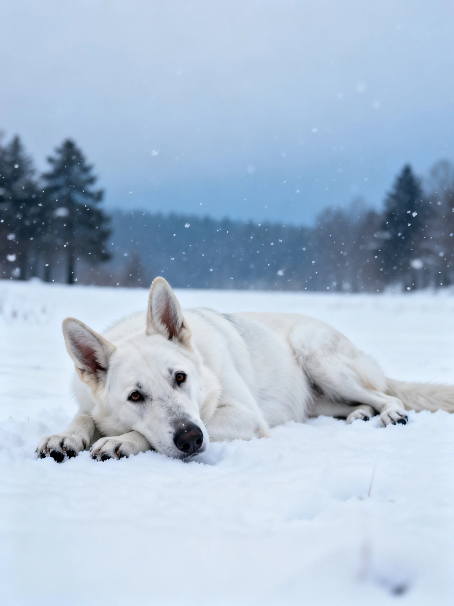 A white dog lies calmly in a snowy field during a snowfall.