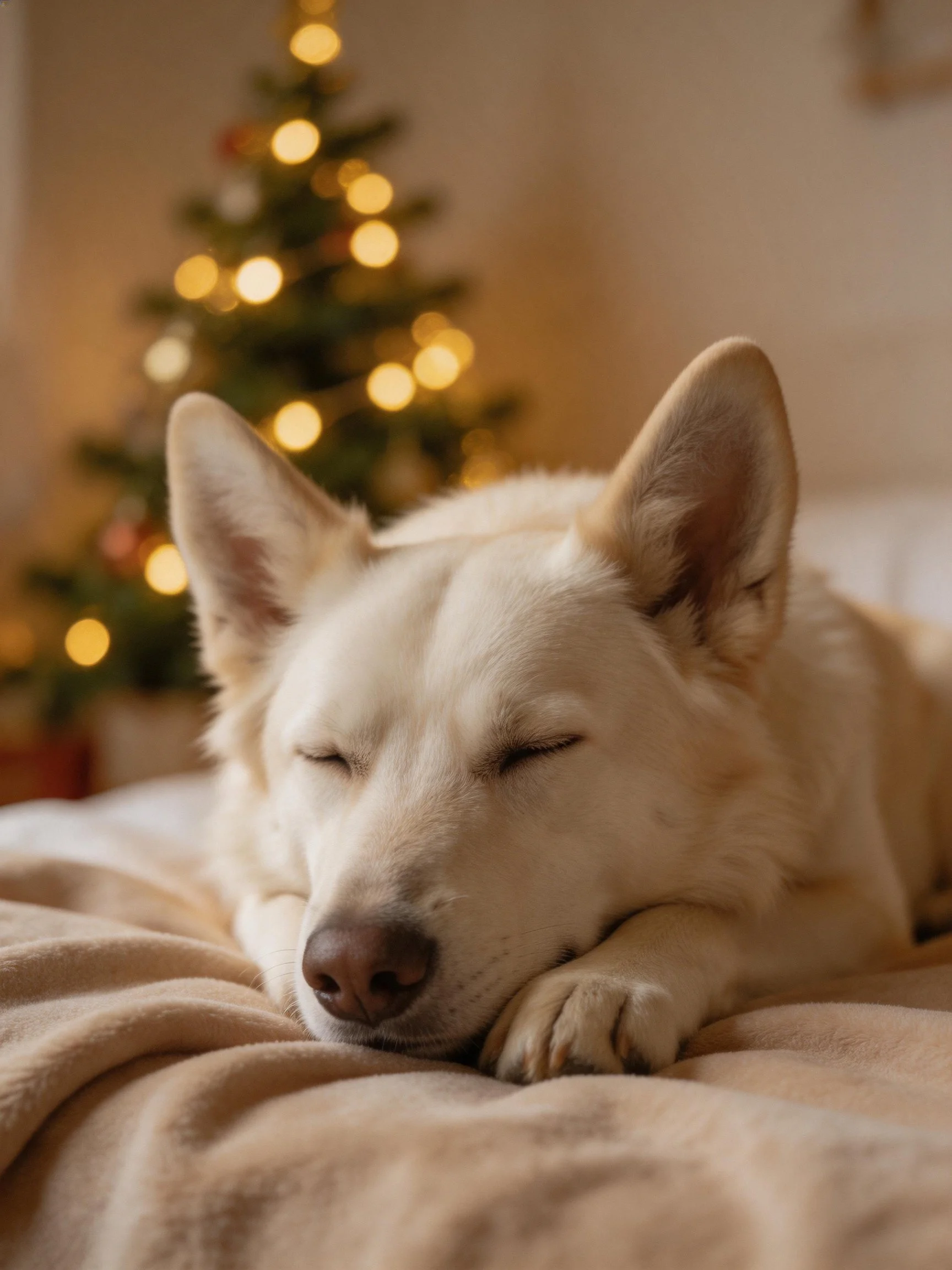 A white dog sleeps on a blanket beside a decorated Christmas tree.