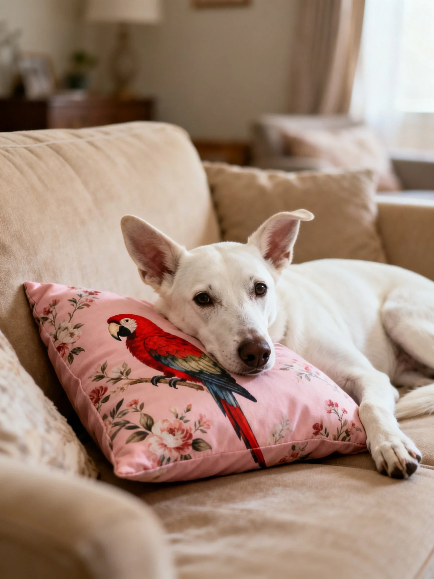 A white dog relaxes on a beige couch beside a pink parrot-patterned pillow.