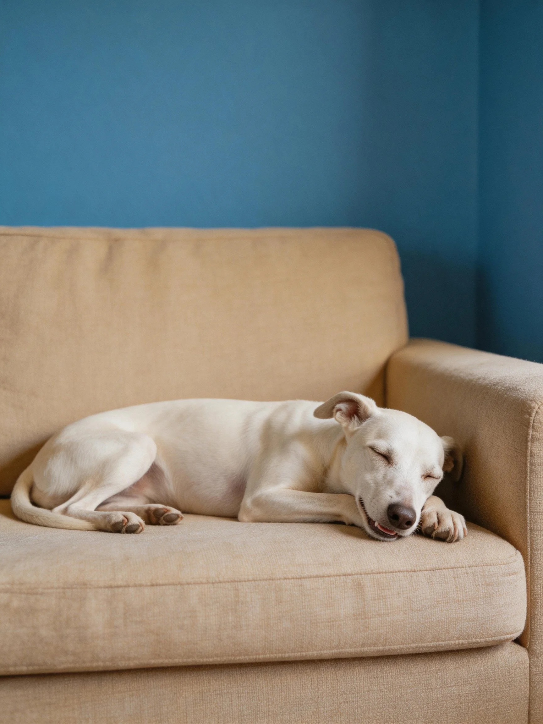 A white dog sleeps comfortably on a beige sofa with a blue wall behind