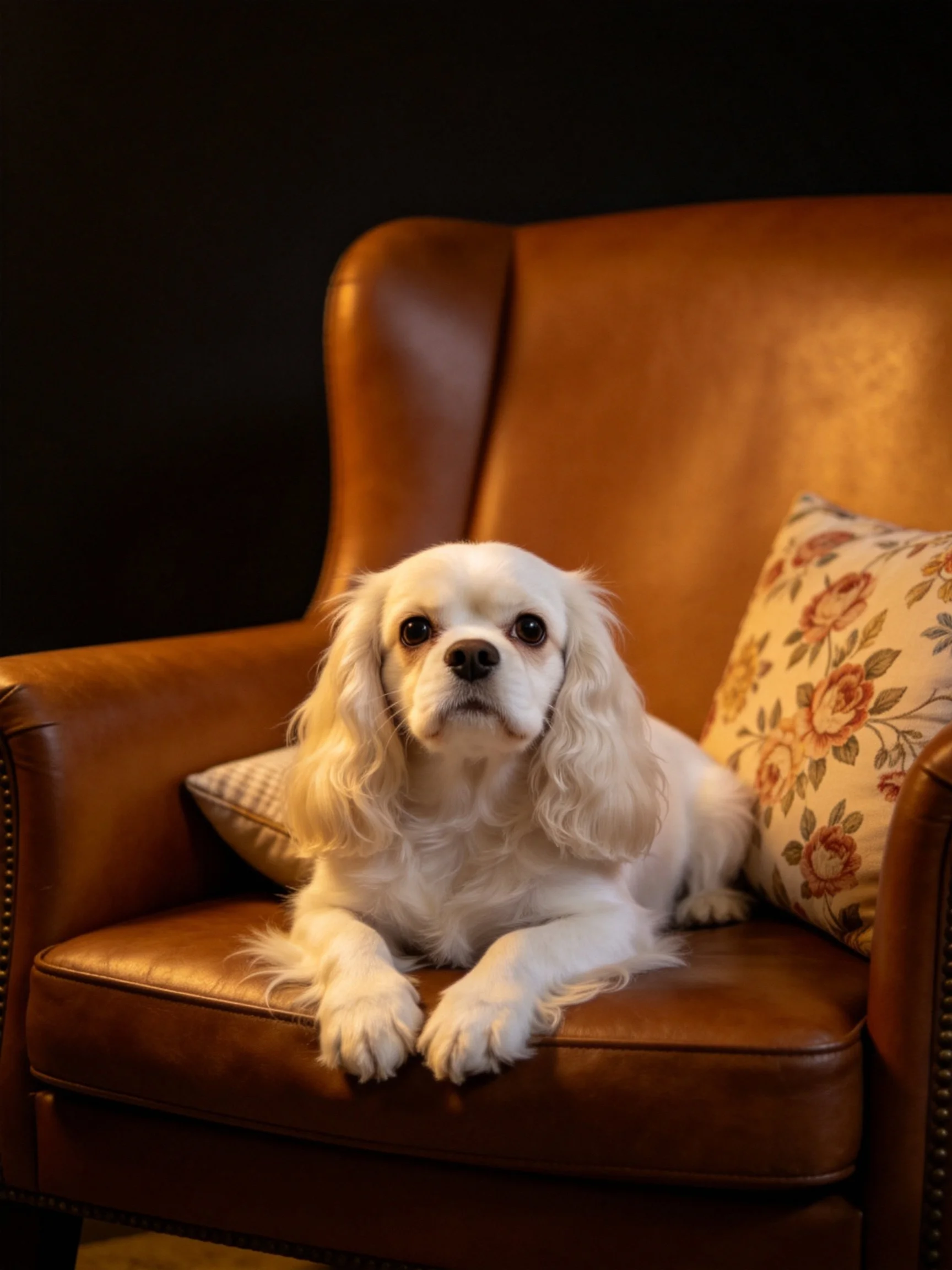 A white dog sits on a brown leather armchair with decorative cushions