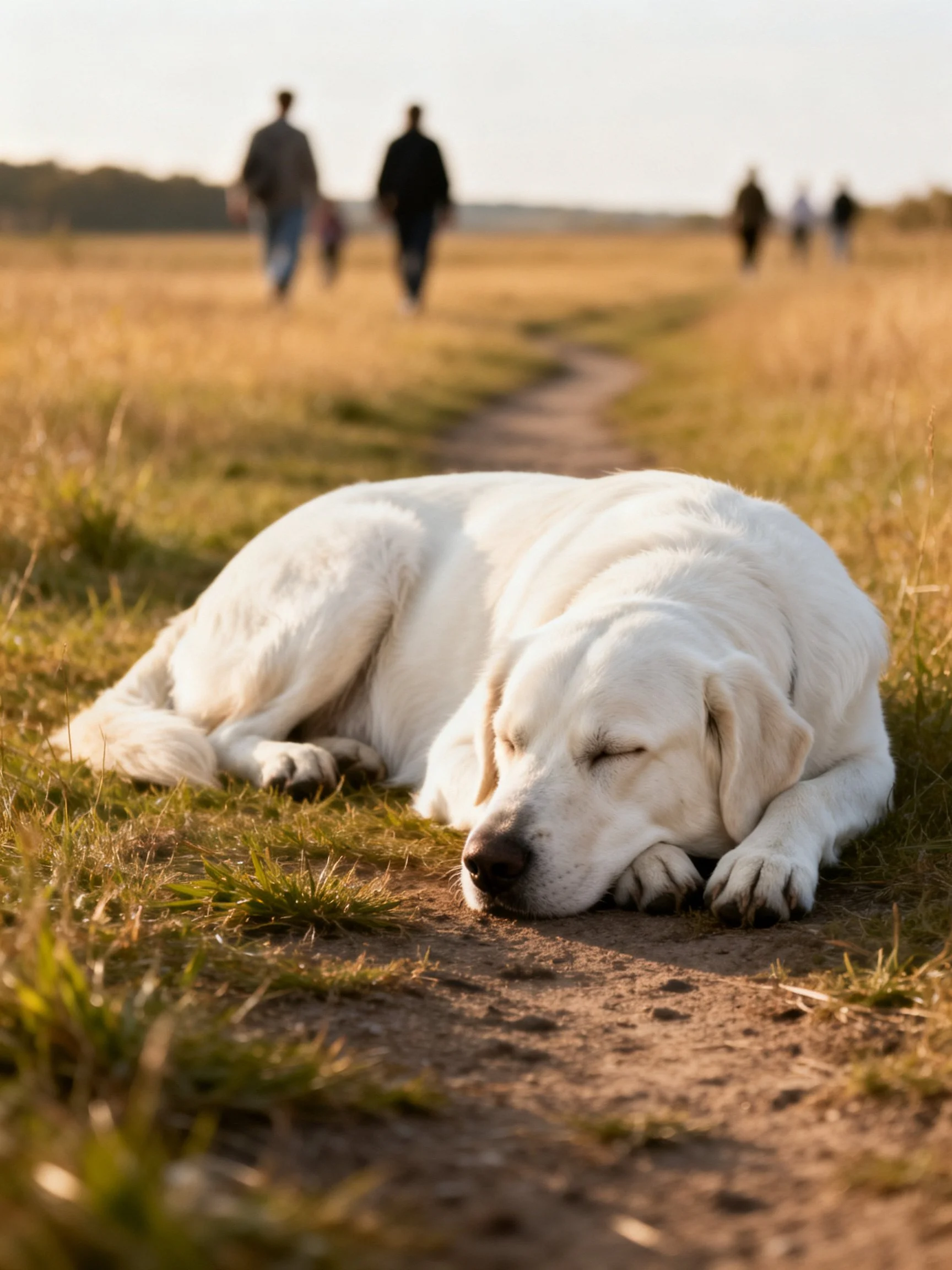 A white dog sleeps on a dirt path with pedestrians in the distance