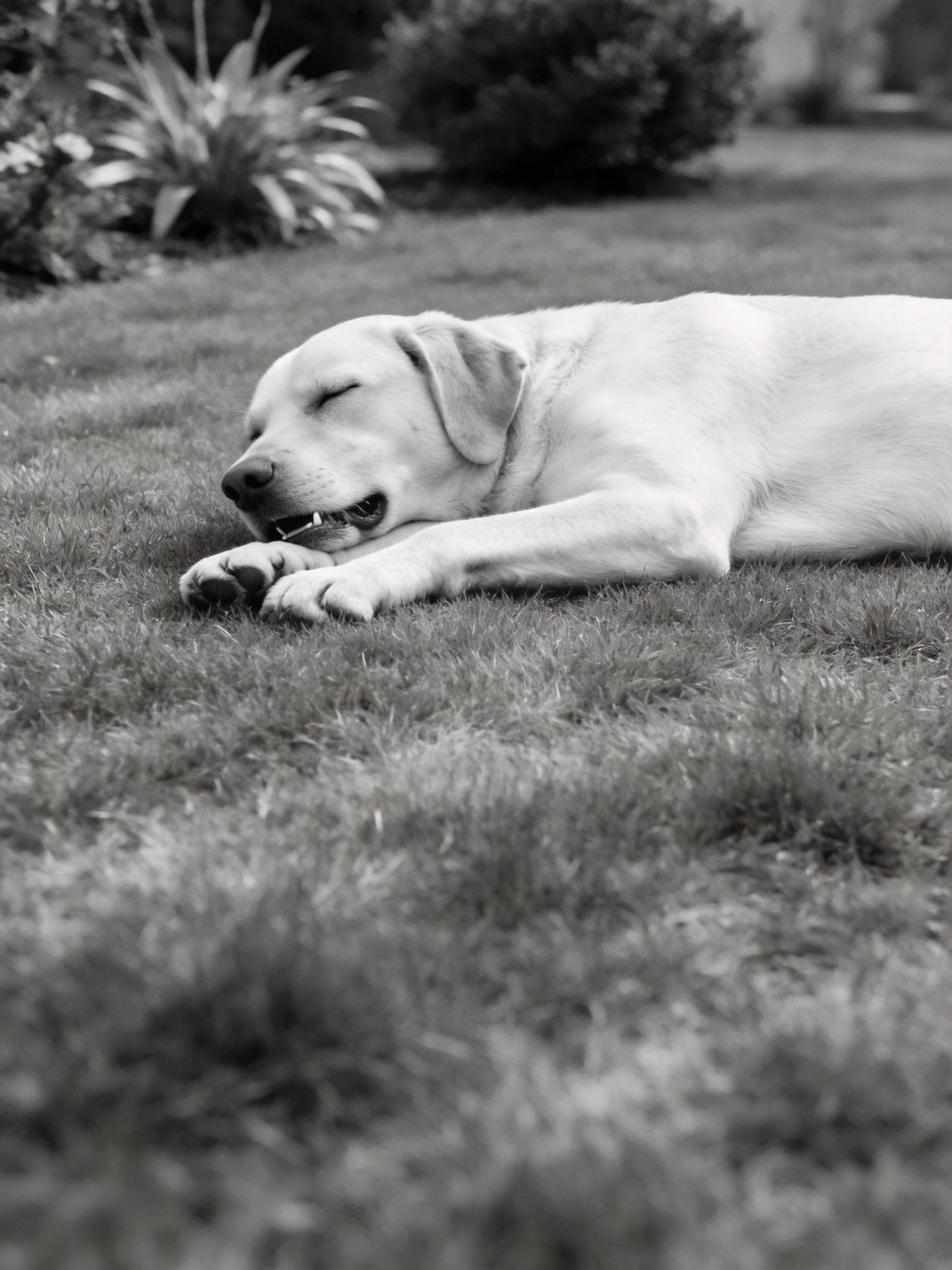 A white dog relaxes on a grassy lawn in an outdoor environment.