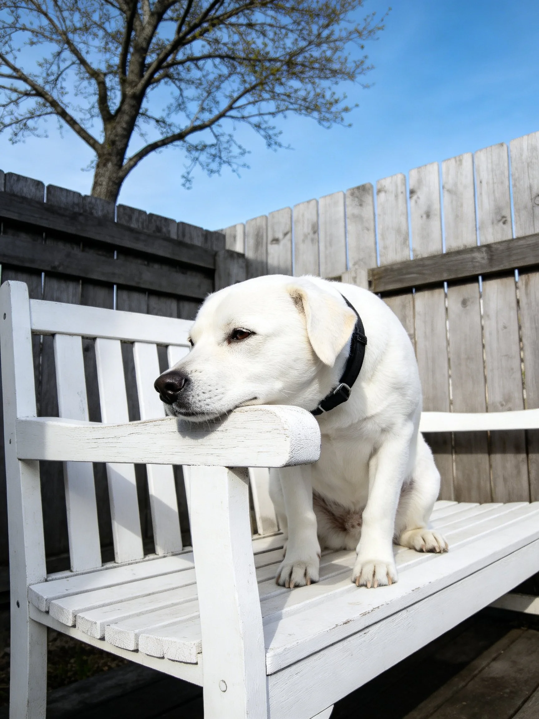 A white dog rests on a white wooden bench outdoors