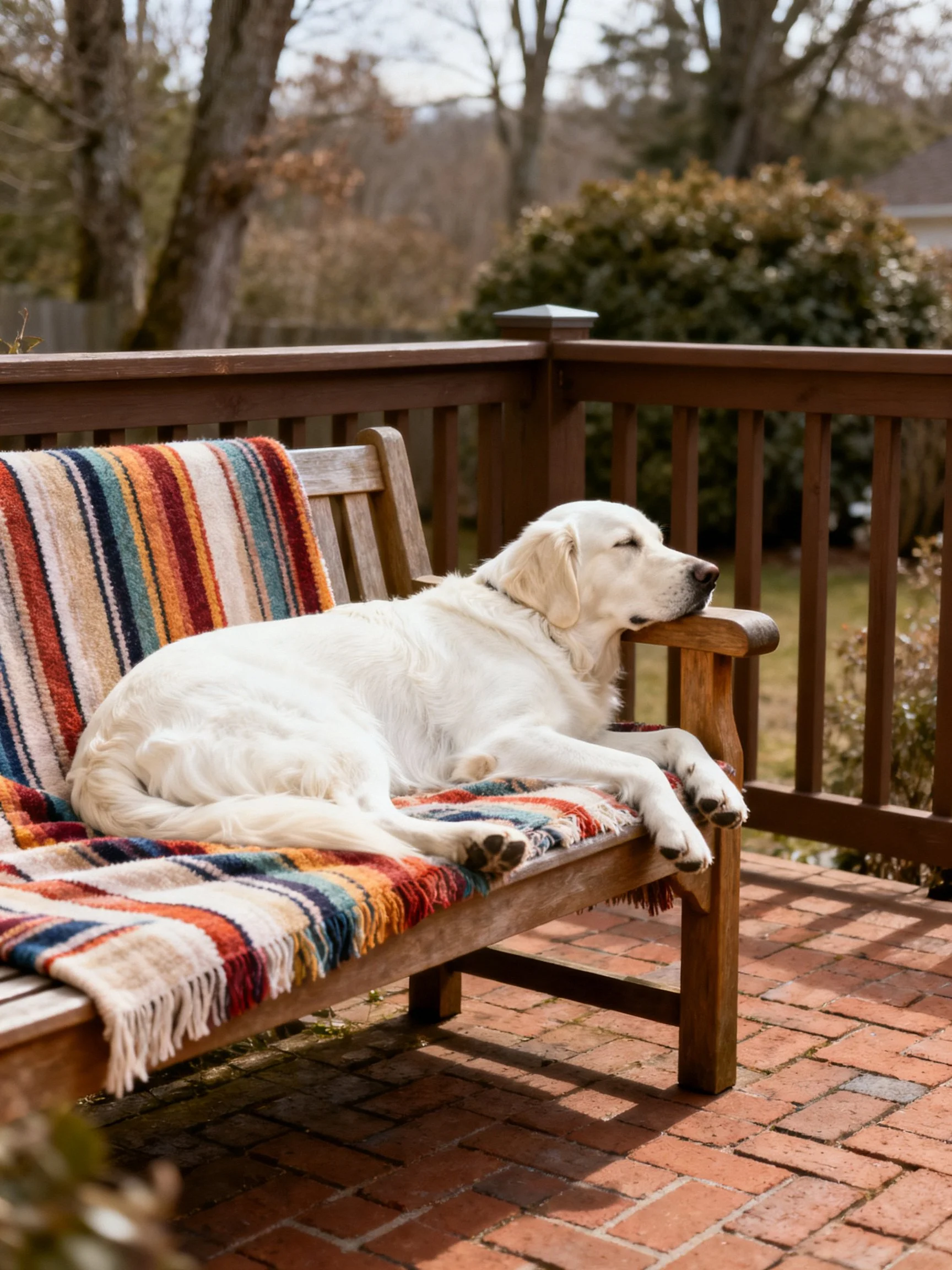 A white dog rests on a wooden bench with a colorful striped blanket