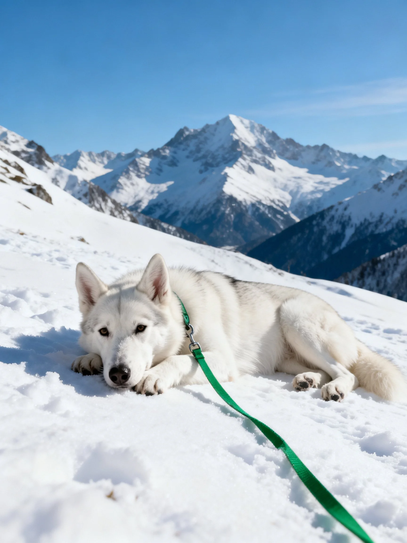 A white dog relaxes on snow with towering mountains in the distance