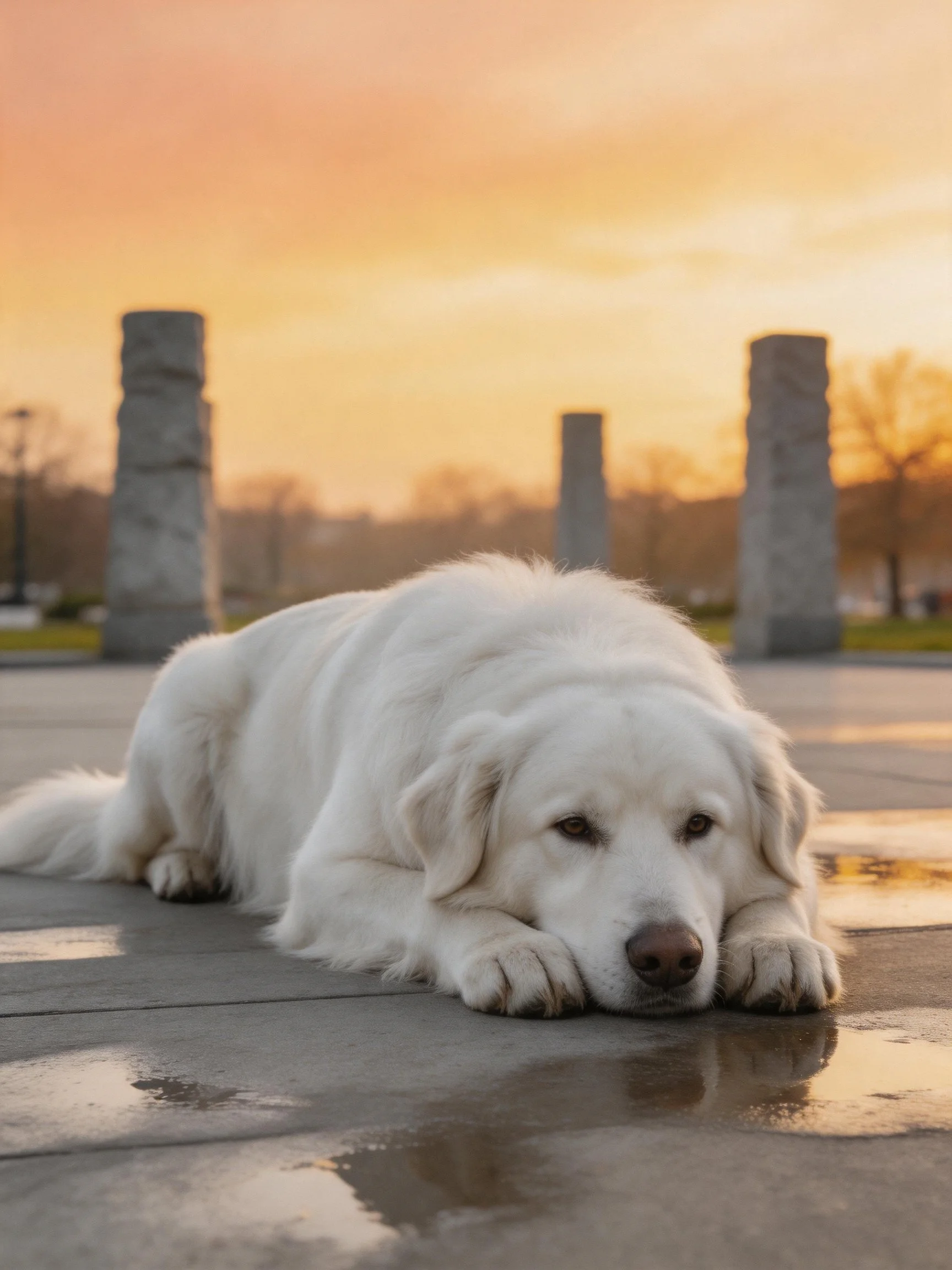 A white dog lies on wet pavement near stone columns under a golden sunset sky.