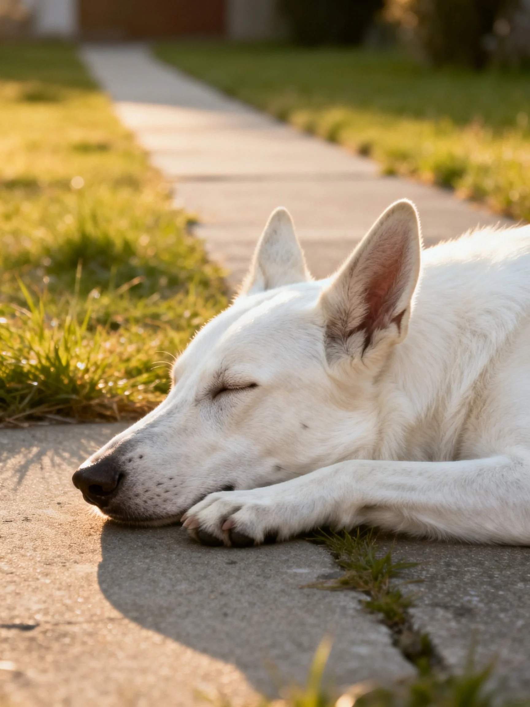 A white dog sleeps contentedly on a sunlit sidewalk near grass.