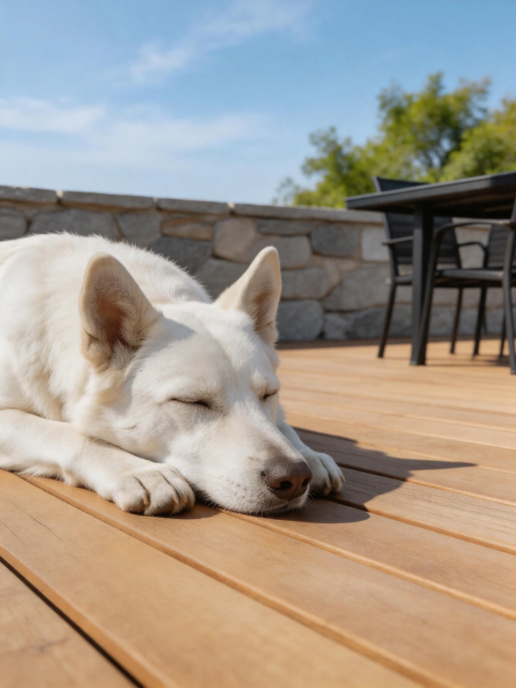 A white dog sleeps contentedly on an outdoor wooden deck.