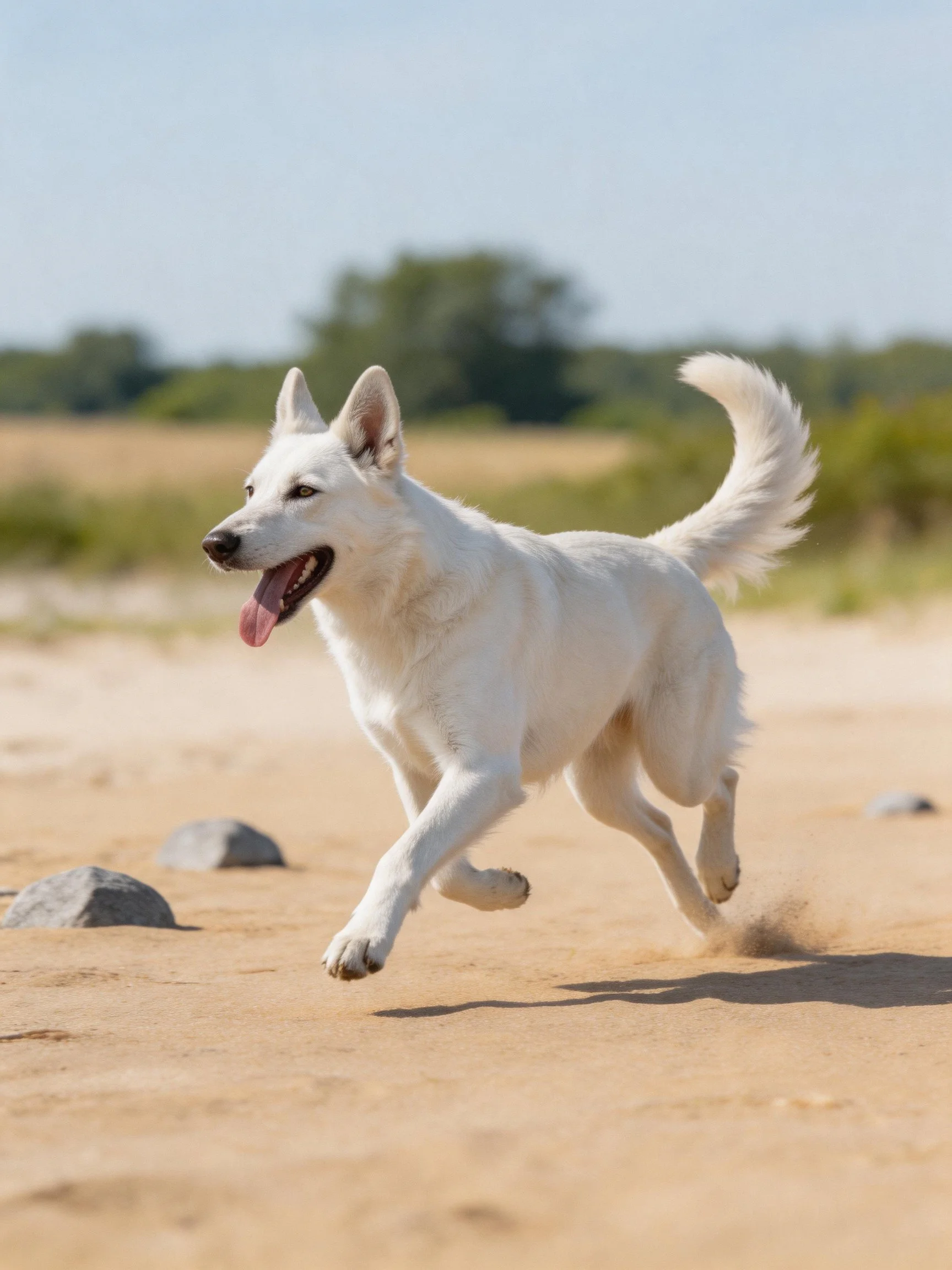 A white dog joyfully runs across sandy ground with scattered rocks and distant foliage.